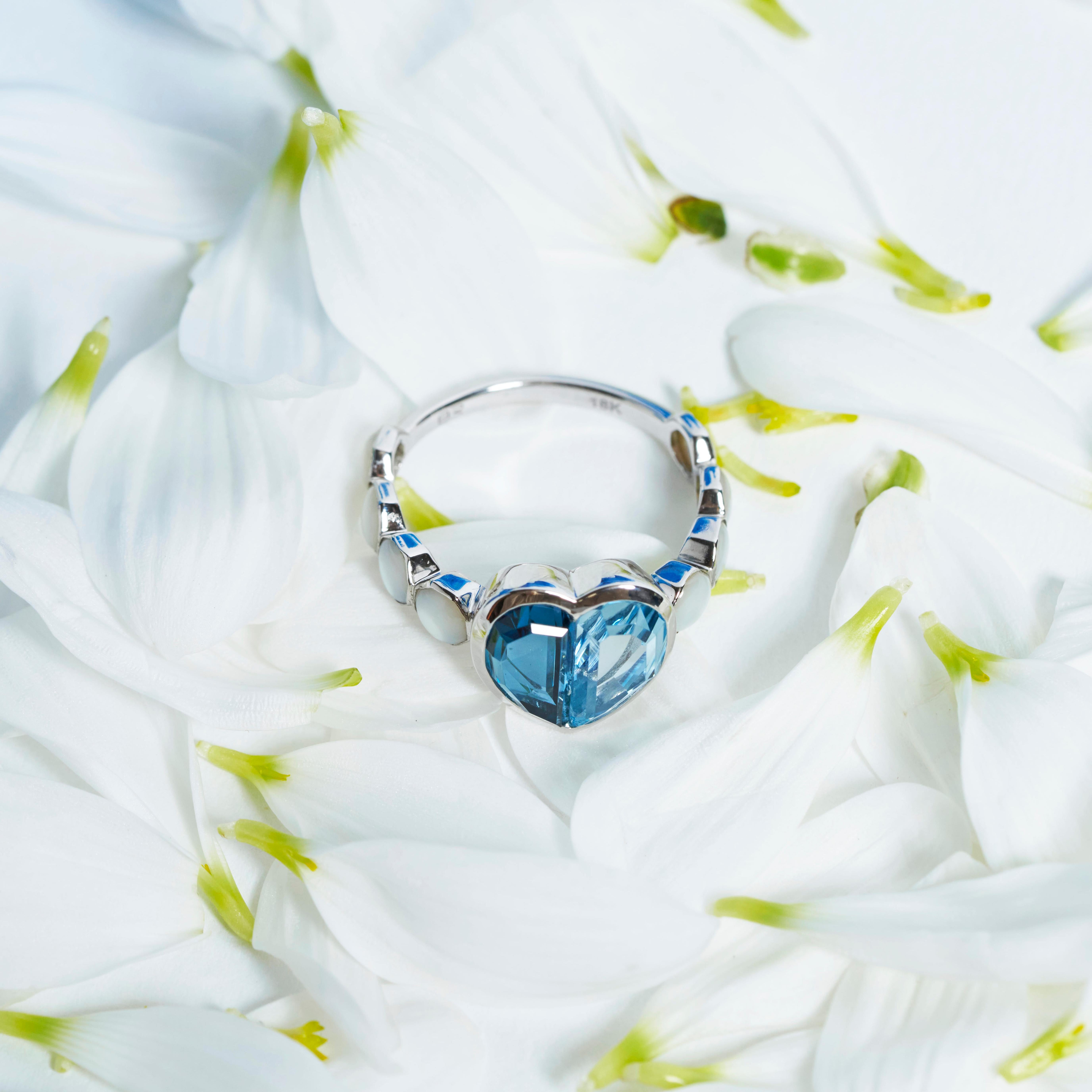 For Sale:  Priyashi Nahata Blue Topaz and Mother of Pearl Love Ring V1 in 18KWG 4