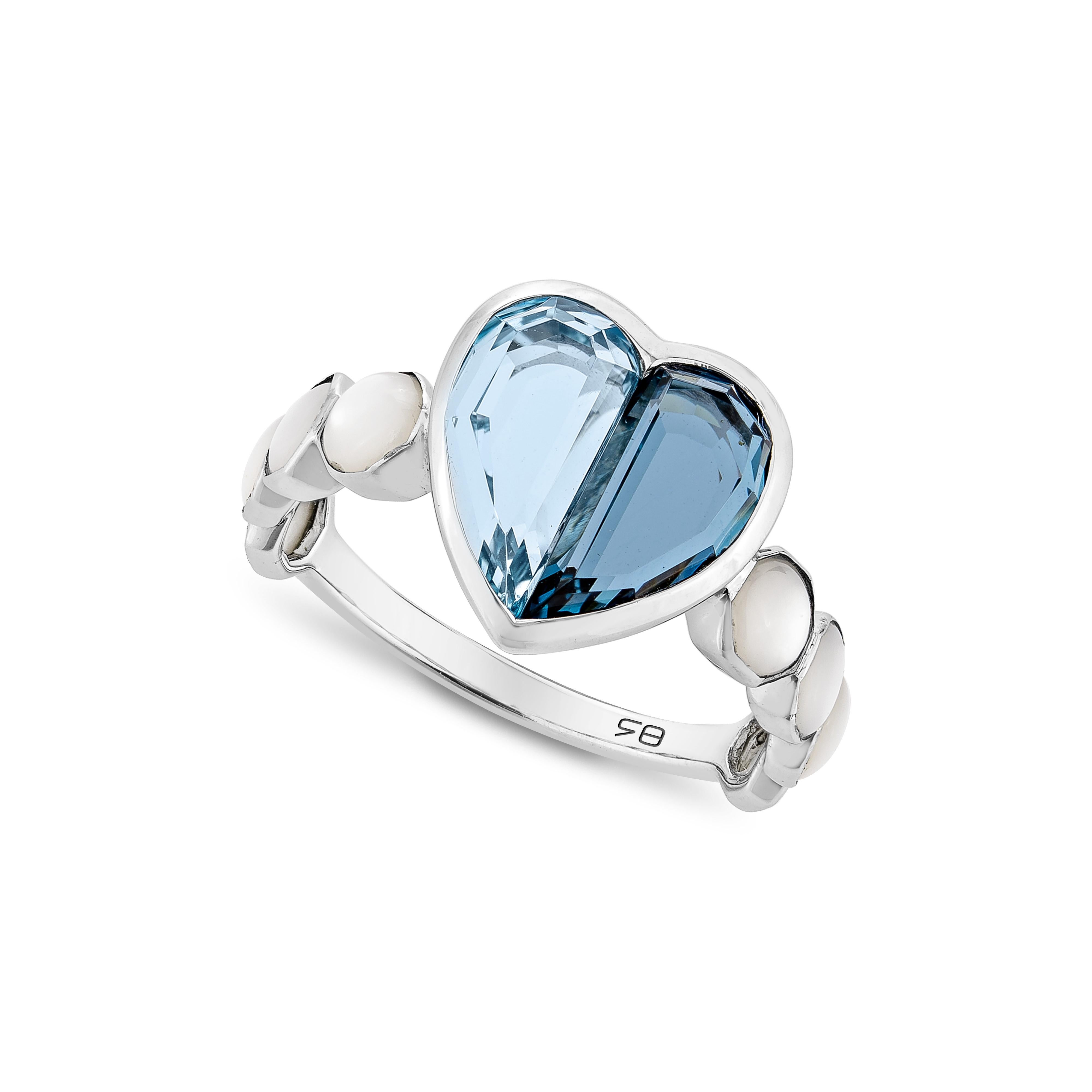For Sale:  Blue Topaz and Mother of Pearl Love Ring V1 in 18 Karat White Gold 5
