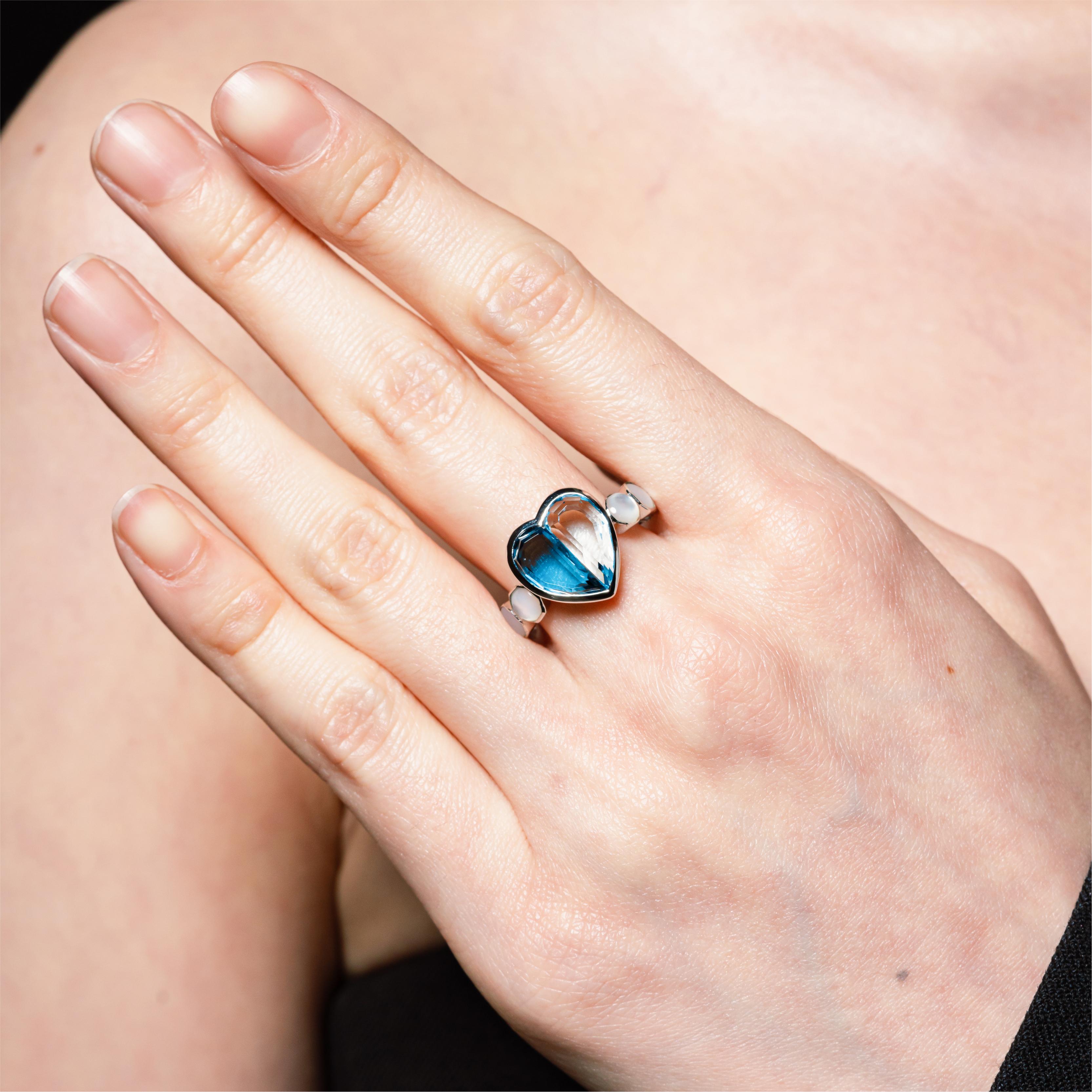 For Sale:  Blue Topaz and Mother of Pearl Love Ring V1 in 18 Karat White Gold 8
