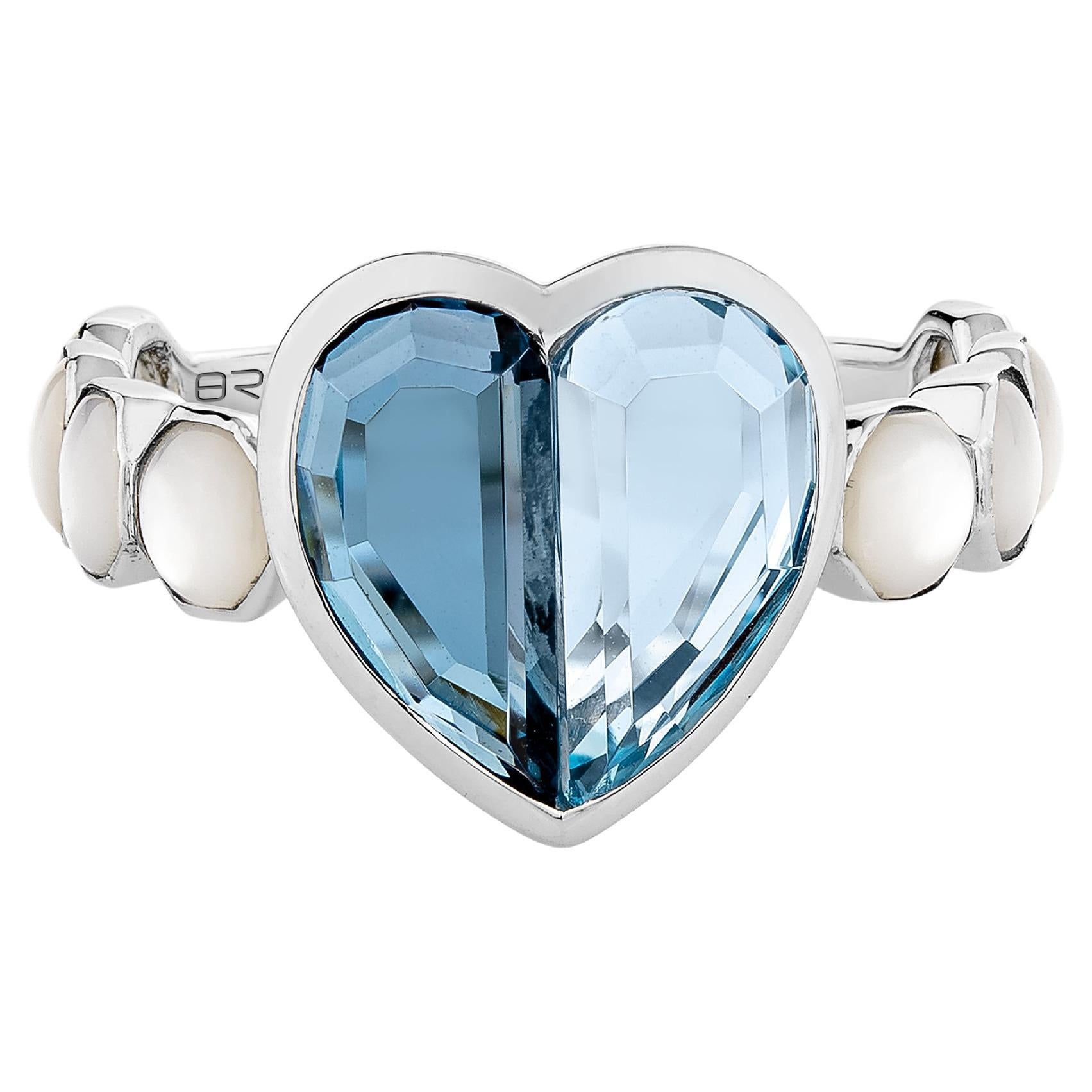 For Sale:  Blue Topaz and Mother of Pearl Love Ring V1 in 18 Karat White Gold