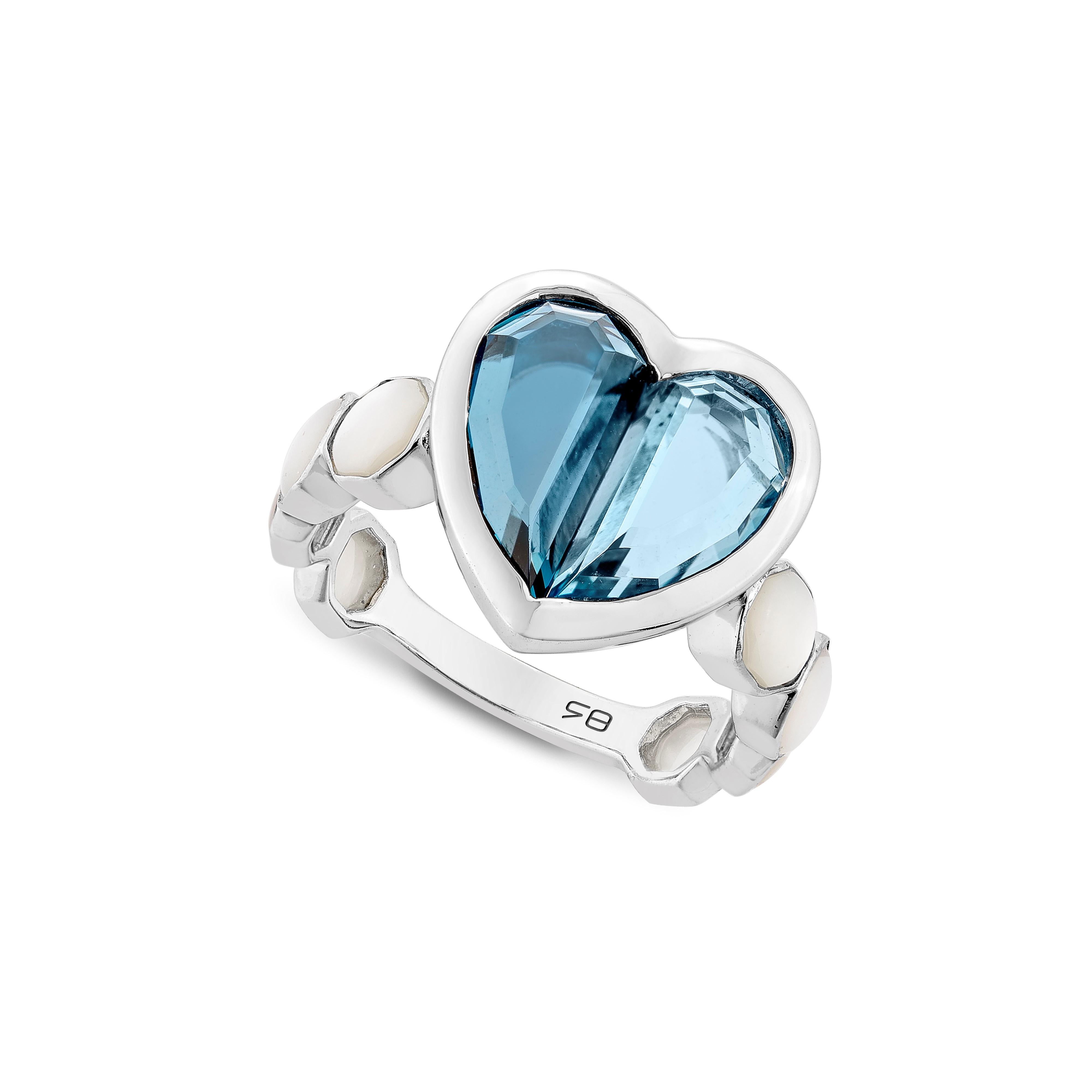 For Sale:  Priyashi Nahata Blue Topaz and Mother of Pearl Love Ring V2 in 18KWG 3