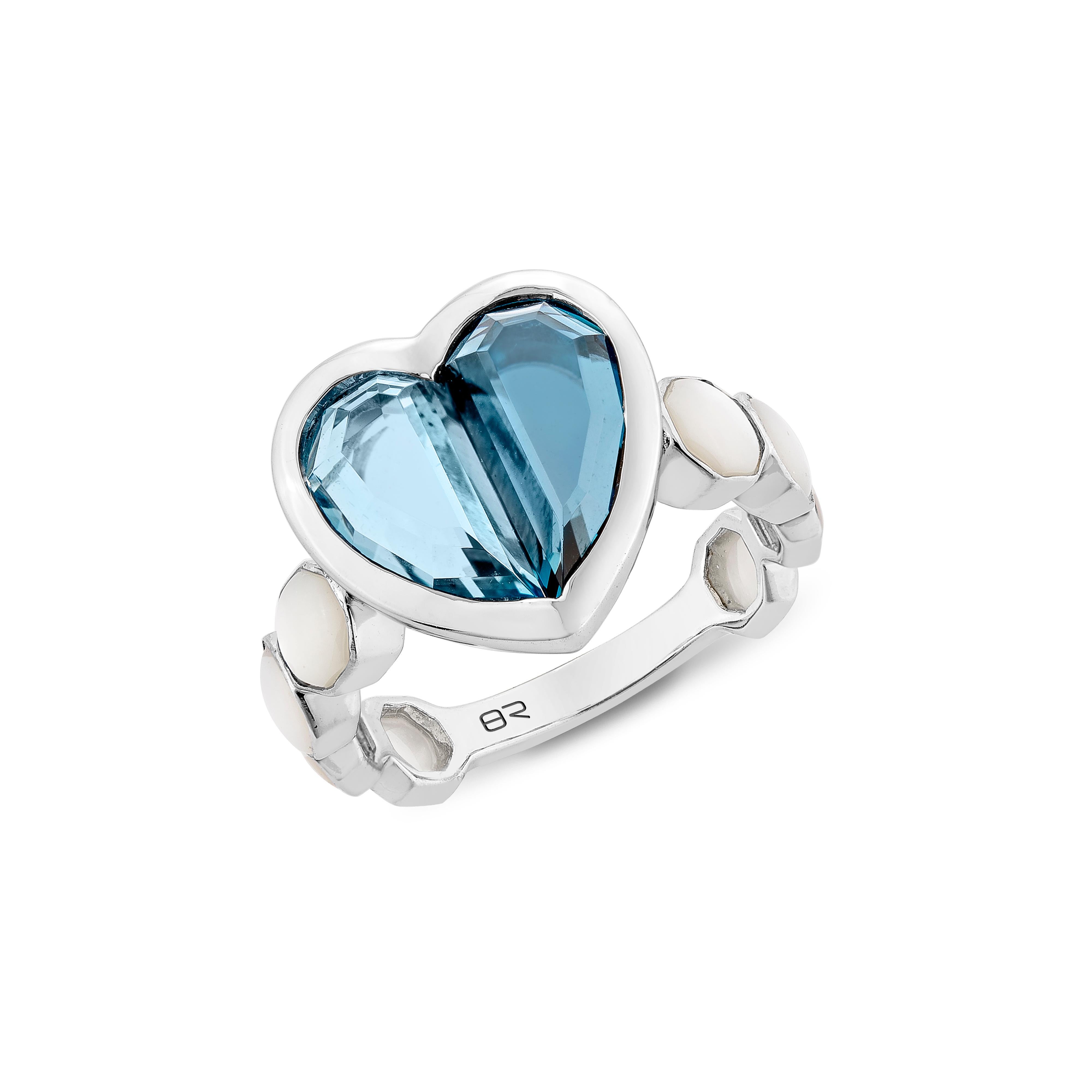 For Sale:  Priyashi Nahata Blue Topaz and Mother of Pearl Love Ring V2 in 18KWG 5
