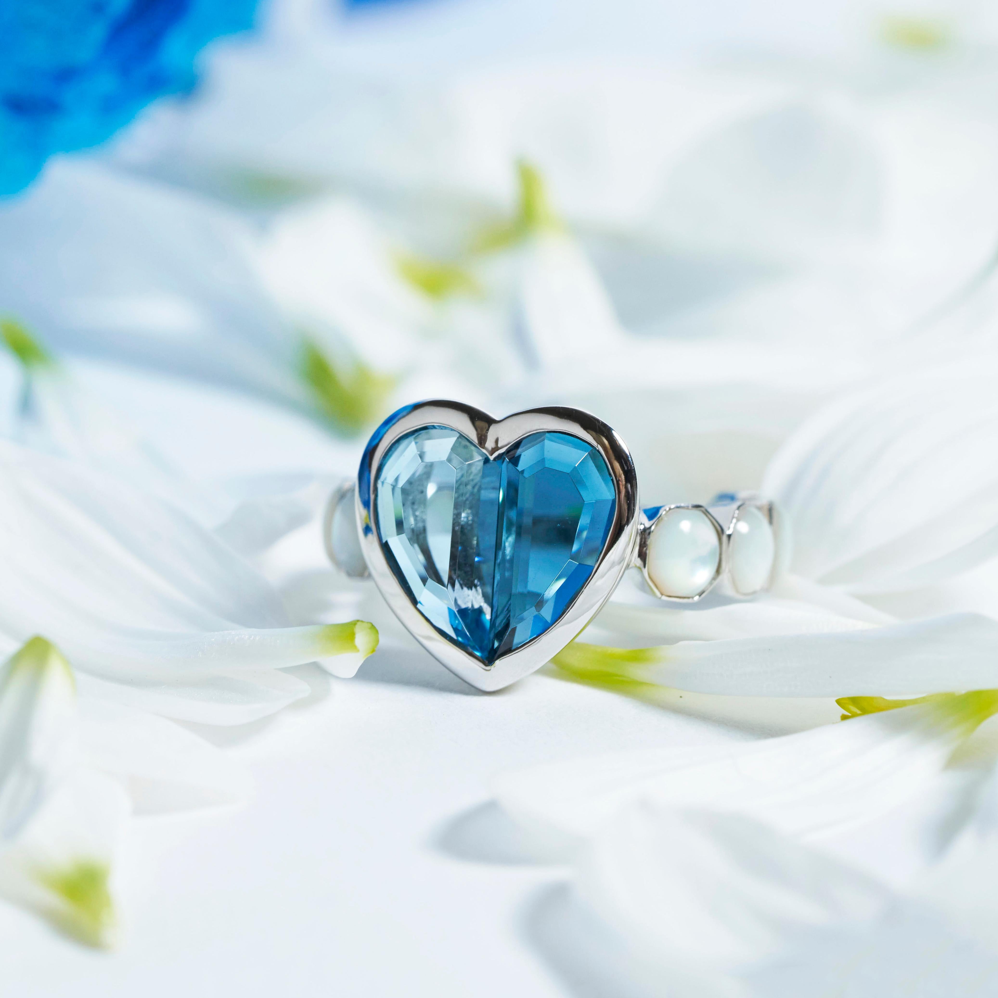 For Sale:  Priyashi Nahata Blue Topaz and Mother of Pearl Love Ring V2 in 18KWG 6