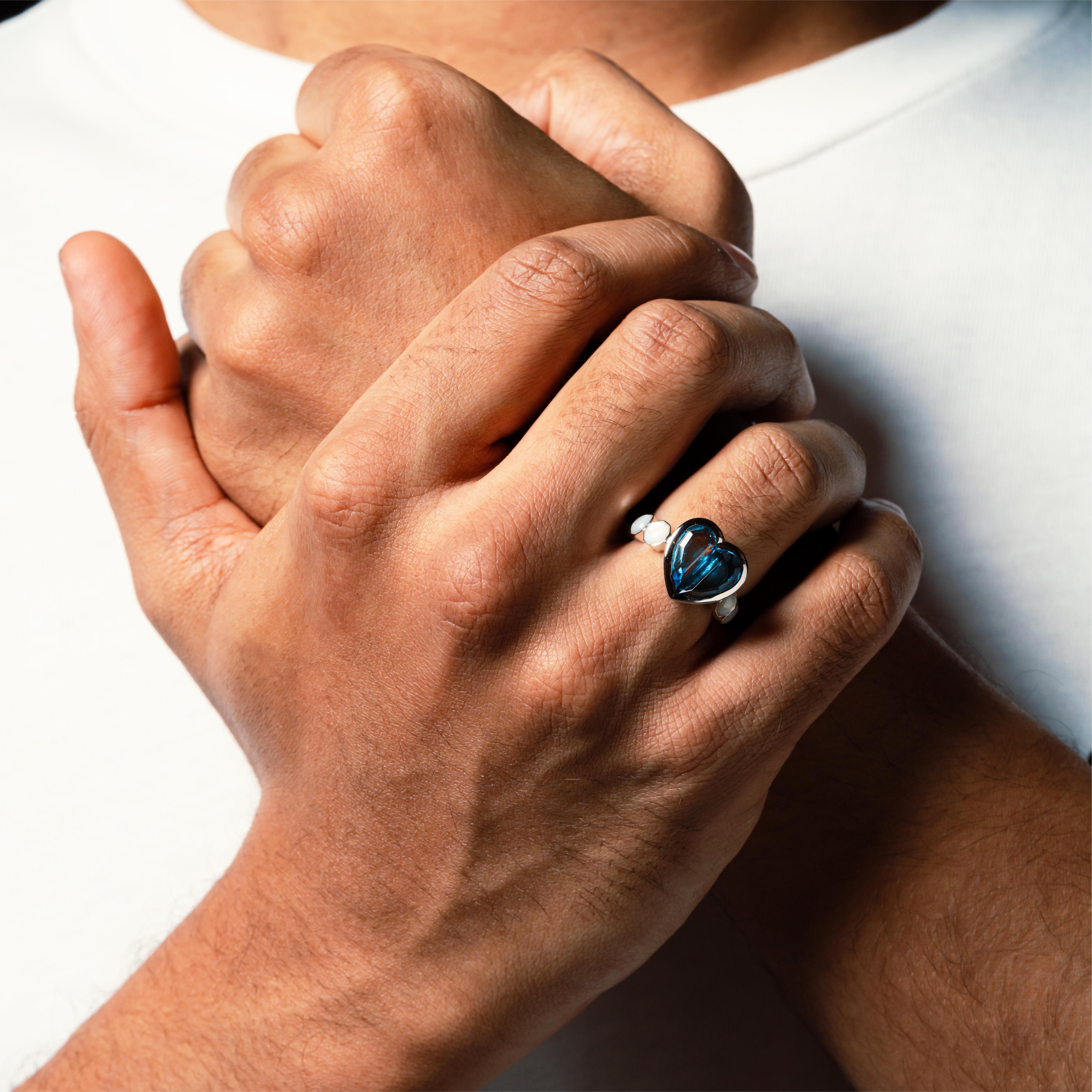 For Sale:  Priyashi Nahata Blue Topaz and Mother of Pearl Love Ring V2 in 18KWG 7