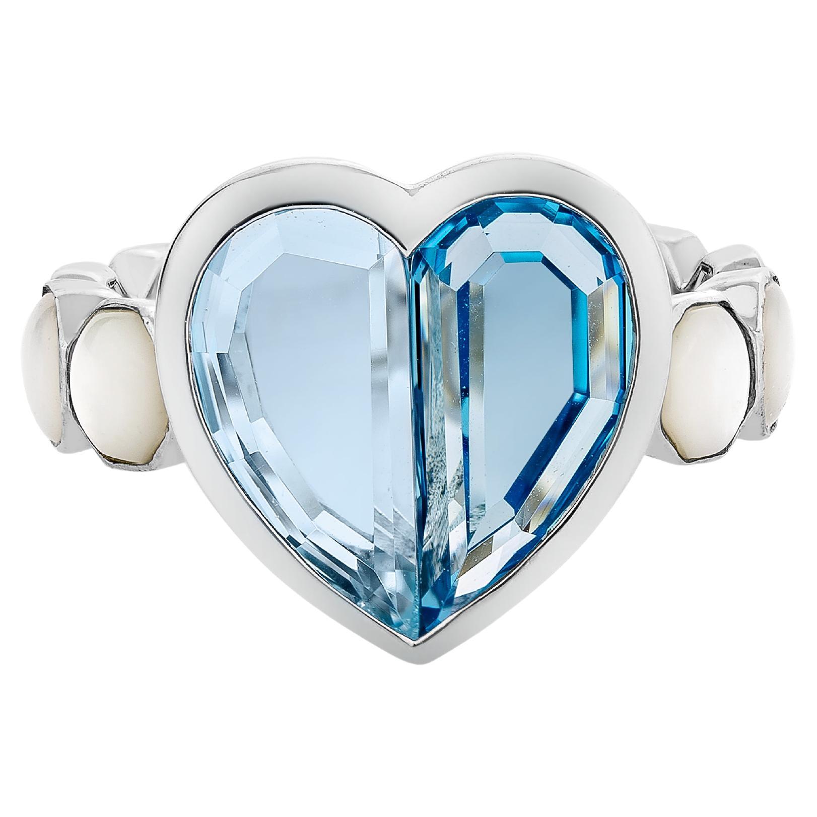 For Sale:  Blue Topaz and Mother of Pearl Love Ring V3 in 18 Karat White Gold