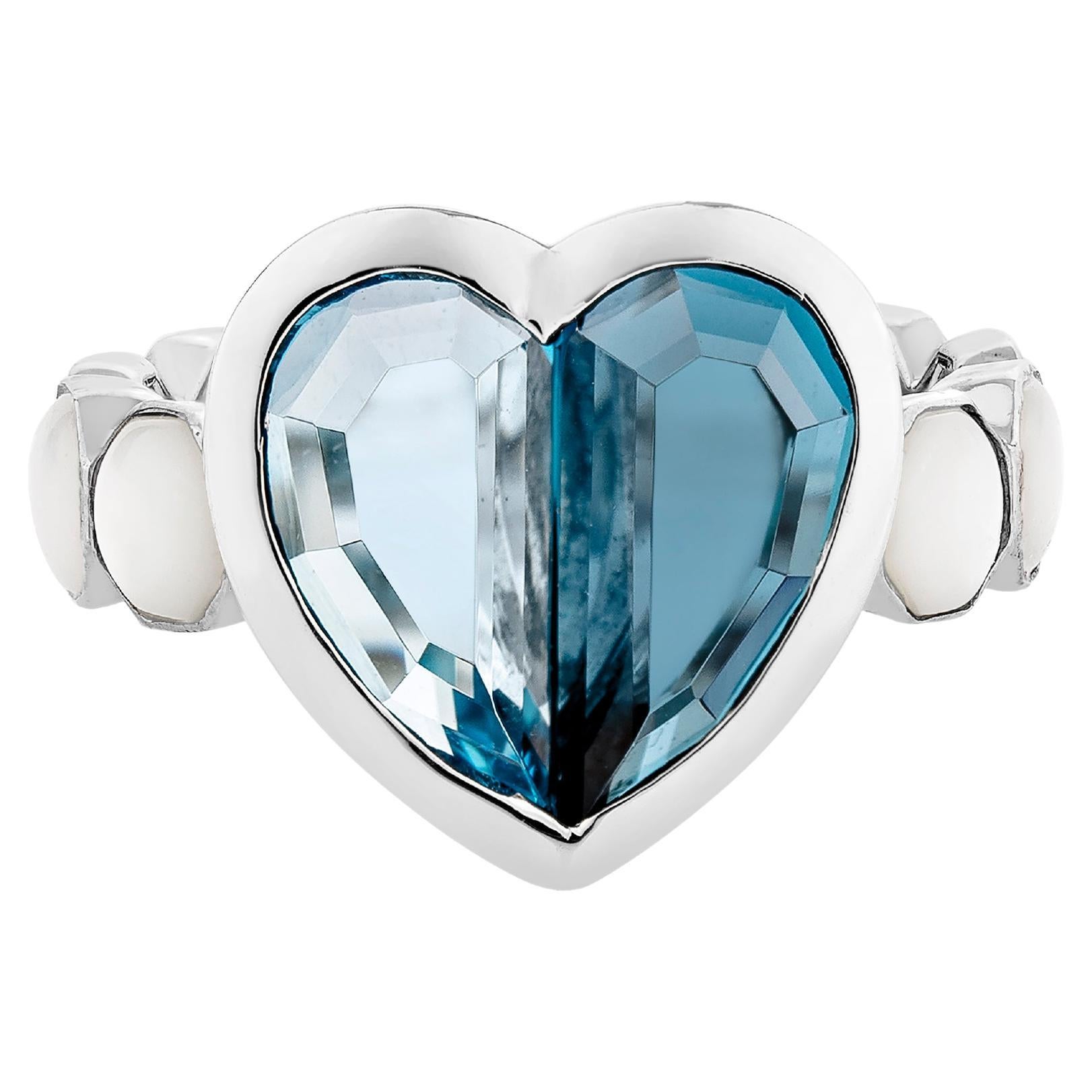 Blue Topaz and Mother of Pearl Love Ring V2 in 18 Karat White Gold