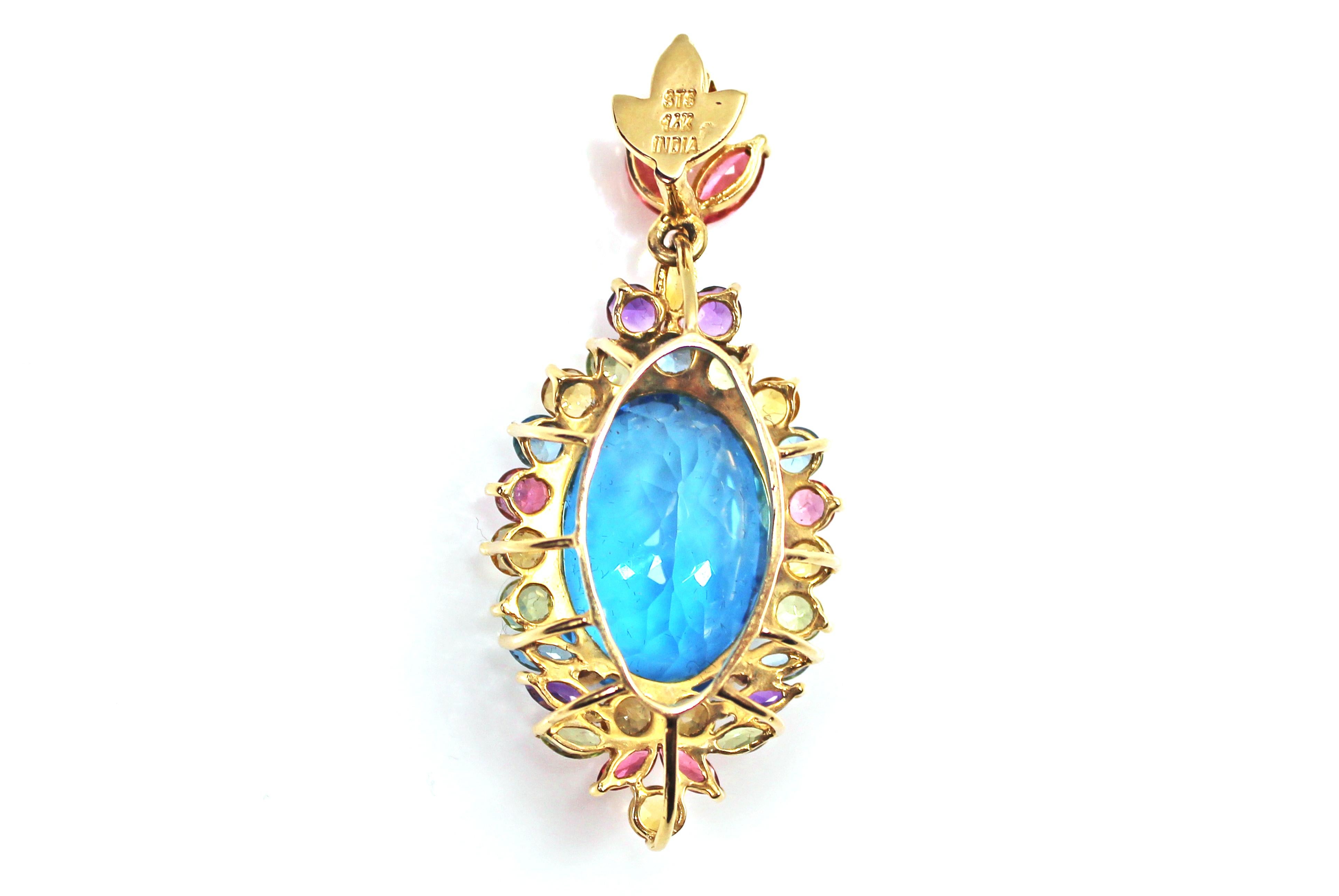 Oval Cut Blue Topaz and Multicolored Gemstone Yellow Gold Pendant