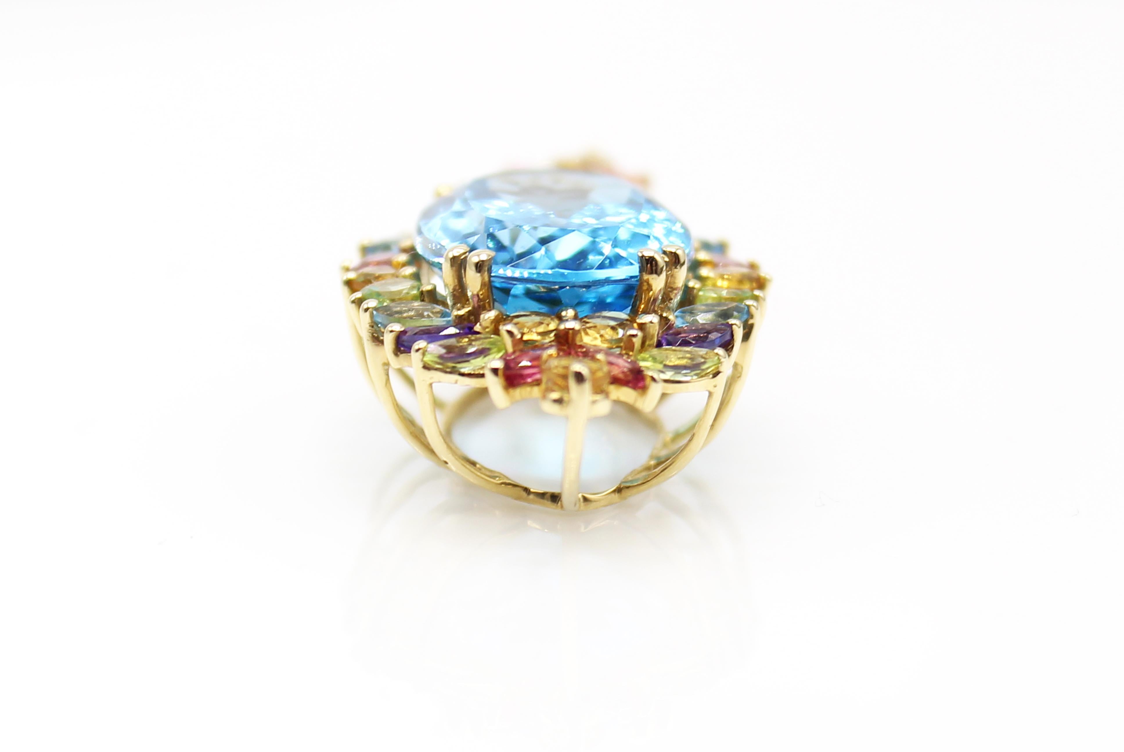 Blue Topaz and Multicolored Gemstone Yellow Gold Pendant In Excellent Condition In New York, NY