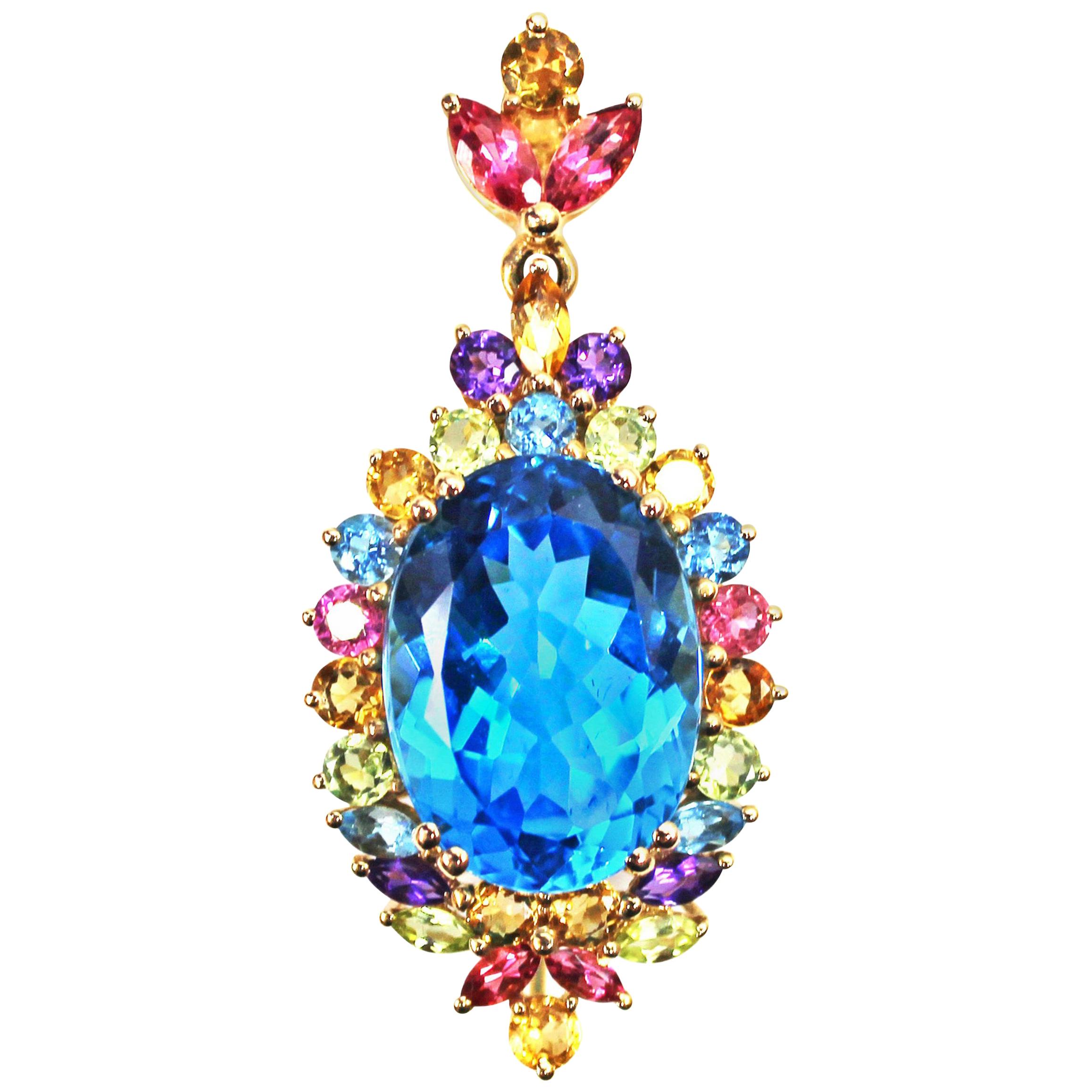 Blue Topaz and Multicolored Gemstone Yellow Gold Pendant