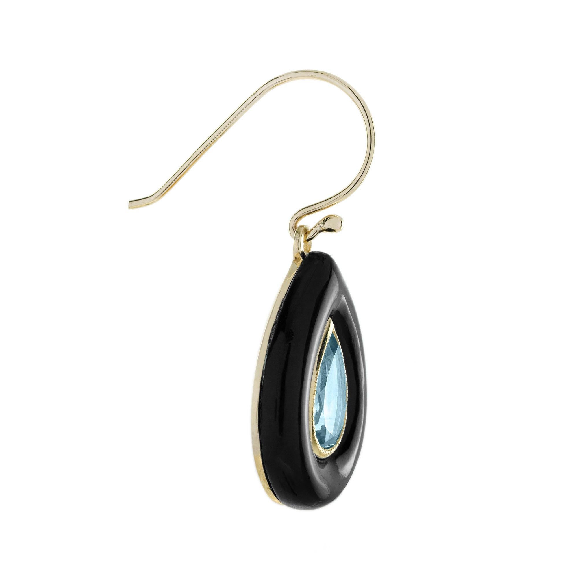 These elegant Art Deco style drop earrings feature stunning pear-shaped blue topaz as the centerpiece.Each gem is beautifully surrounded by bold black onyx, creating a striking contrast. The teardrop silhouette adds timeless sophistication.
Perfect