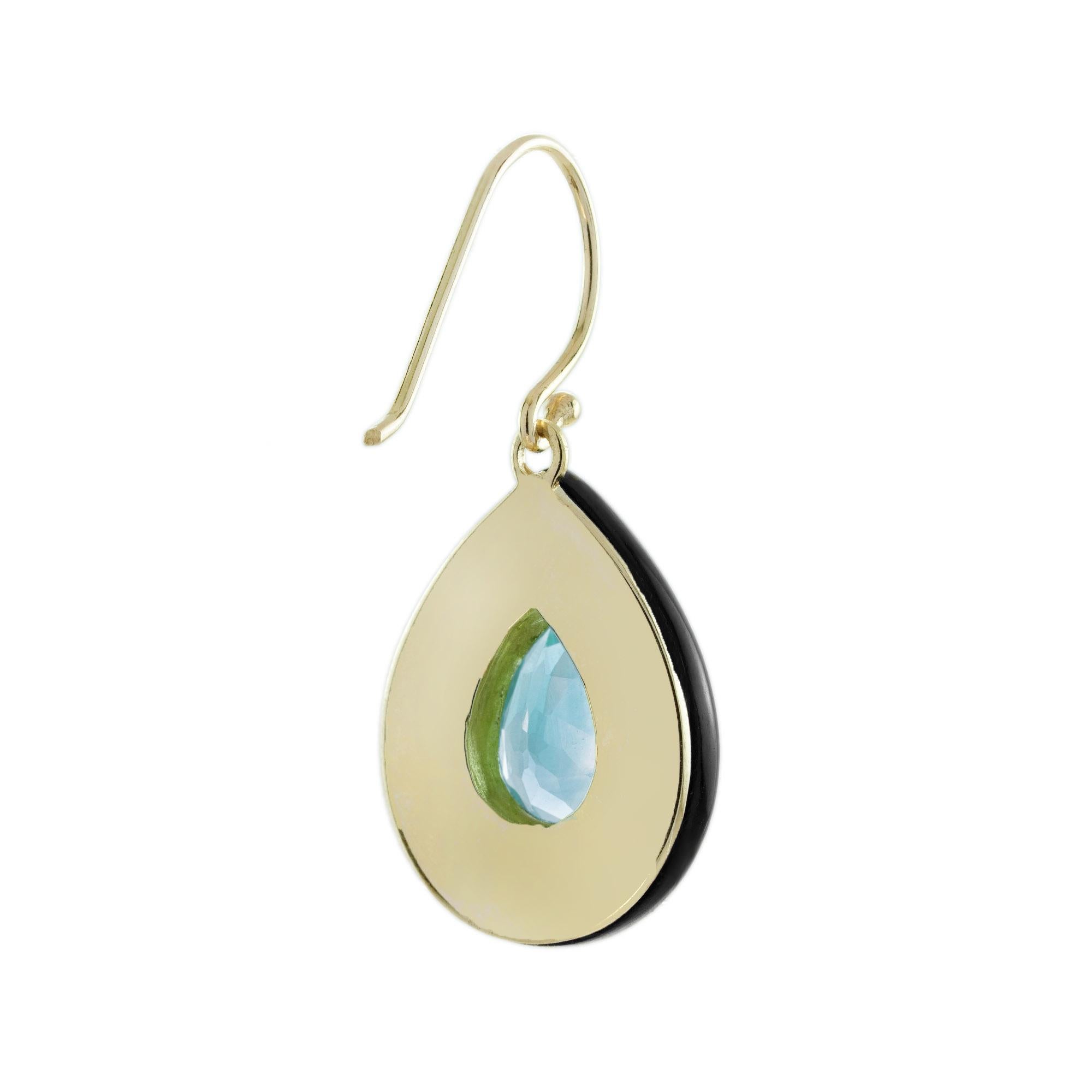 Oval Cut Blue Topaz and Onyx Art Deco Style Drop Earrings in 14K Yellow Gold For Sale