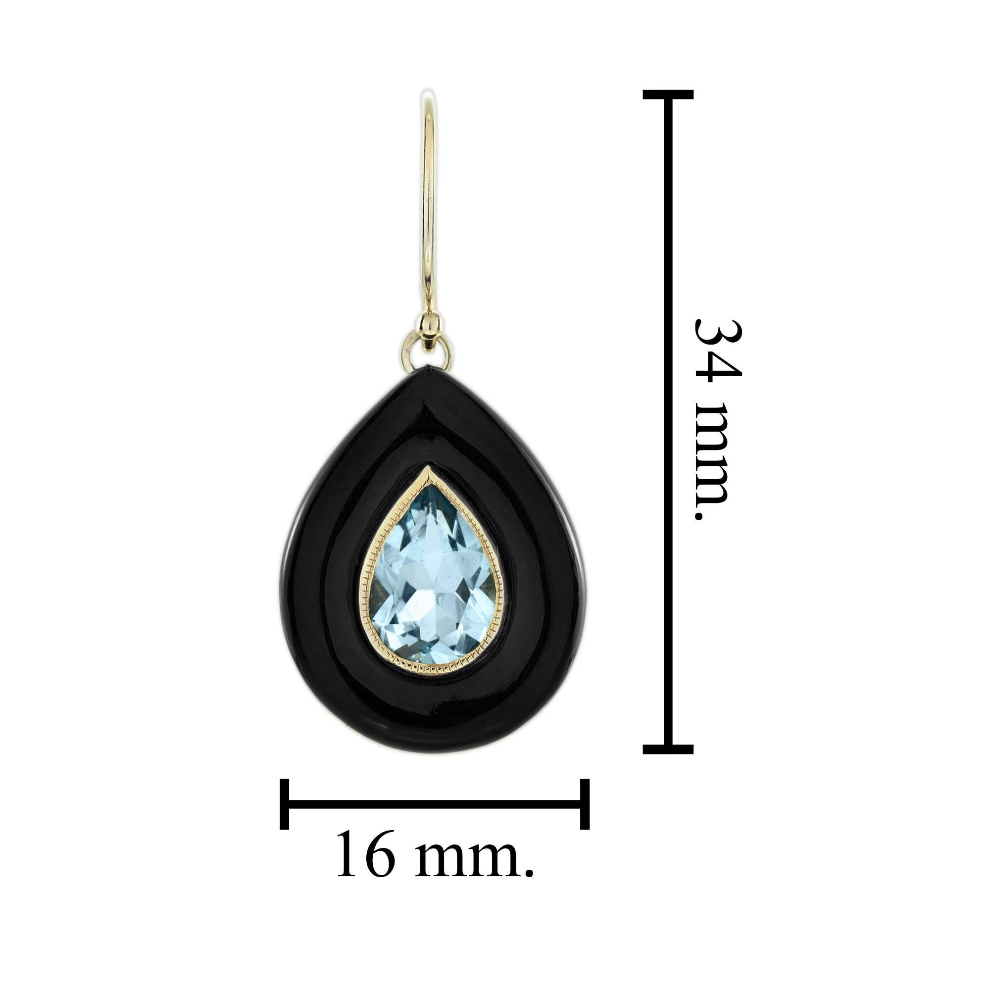 Blue Topaz and Onyx Art Deco Style Drop Earrings in 14K Yellow Gold In New Condition For Sale In Bangkok, TH