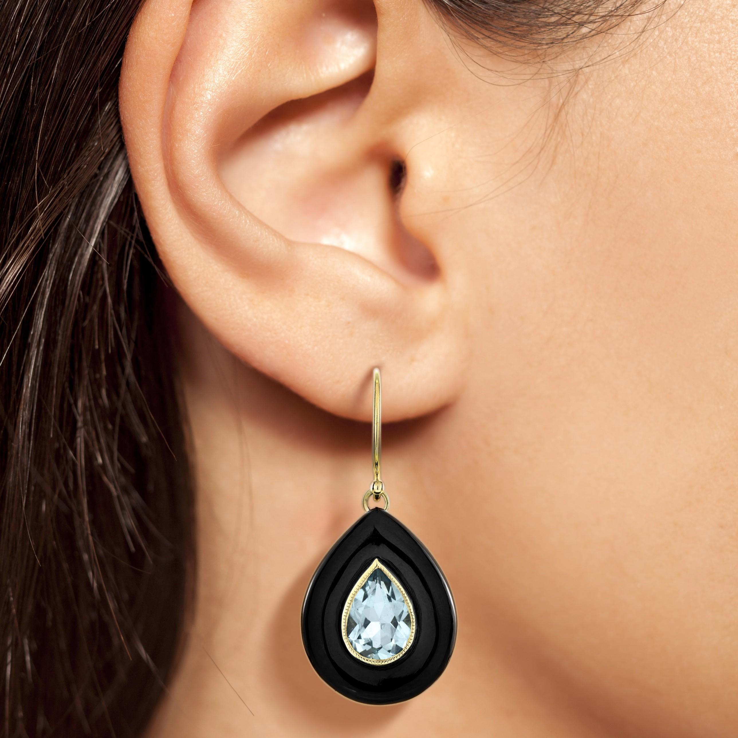 Women's Blue Topaz and Onyx Art Deco Style Drop Earrings in 14K Yellow Gold For Sale