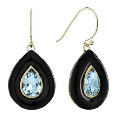 Boucles d
oreilles pendantes en or jaune 14 carats, topaze bleue et onyx, style Art Déco