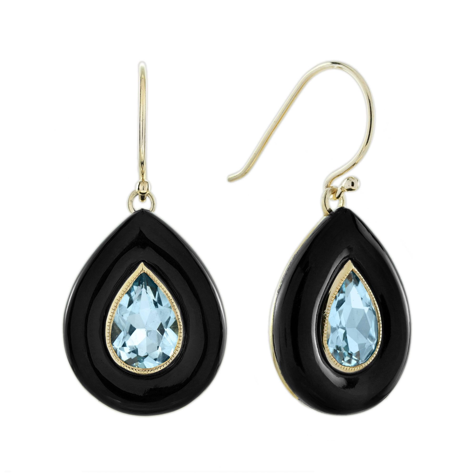 Blue Topaz and Onyx Art Deco Style Drop Earrings in 14K Yellow Gold For Sale