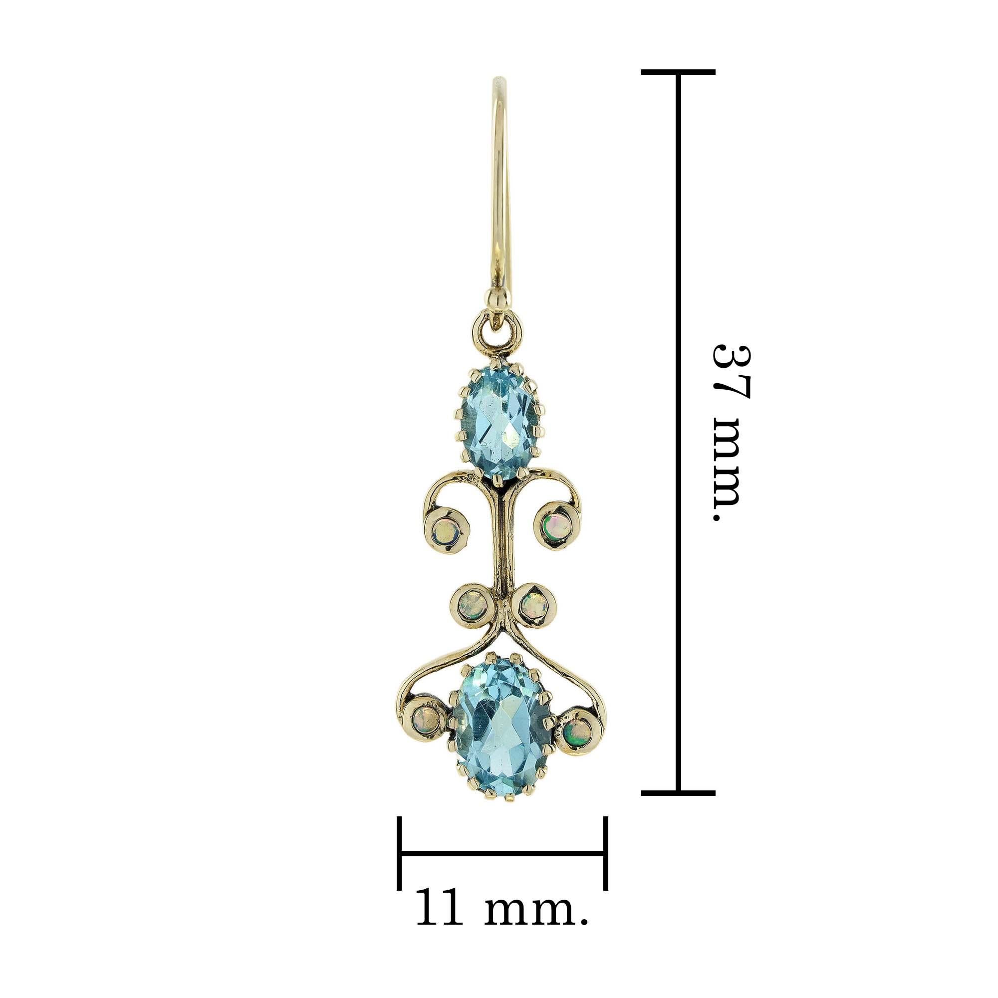 Women's Blue Topaz and Opal Victorian Style Dangle Earrings in Solid 9K Gold For Sale