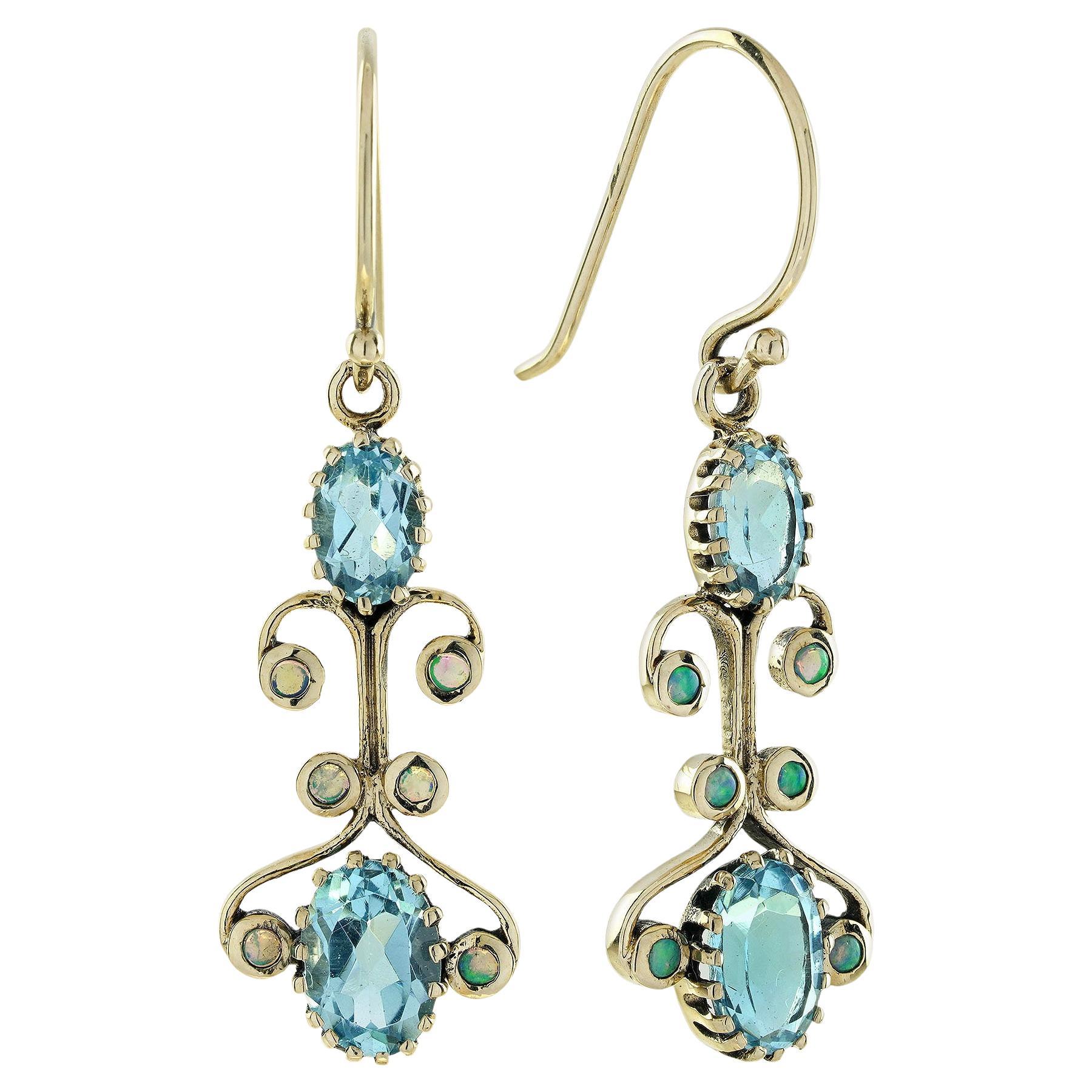 Blue Topaz and Opal Victorian Style Dangle Earrings in Solid 9K Gold