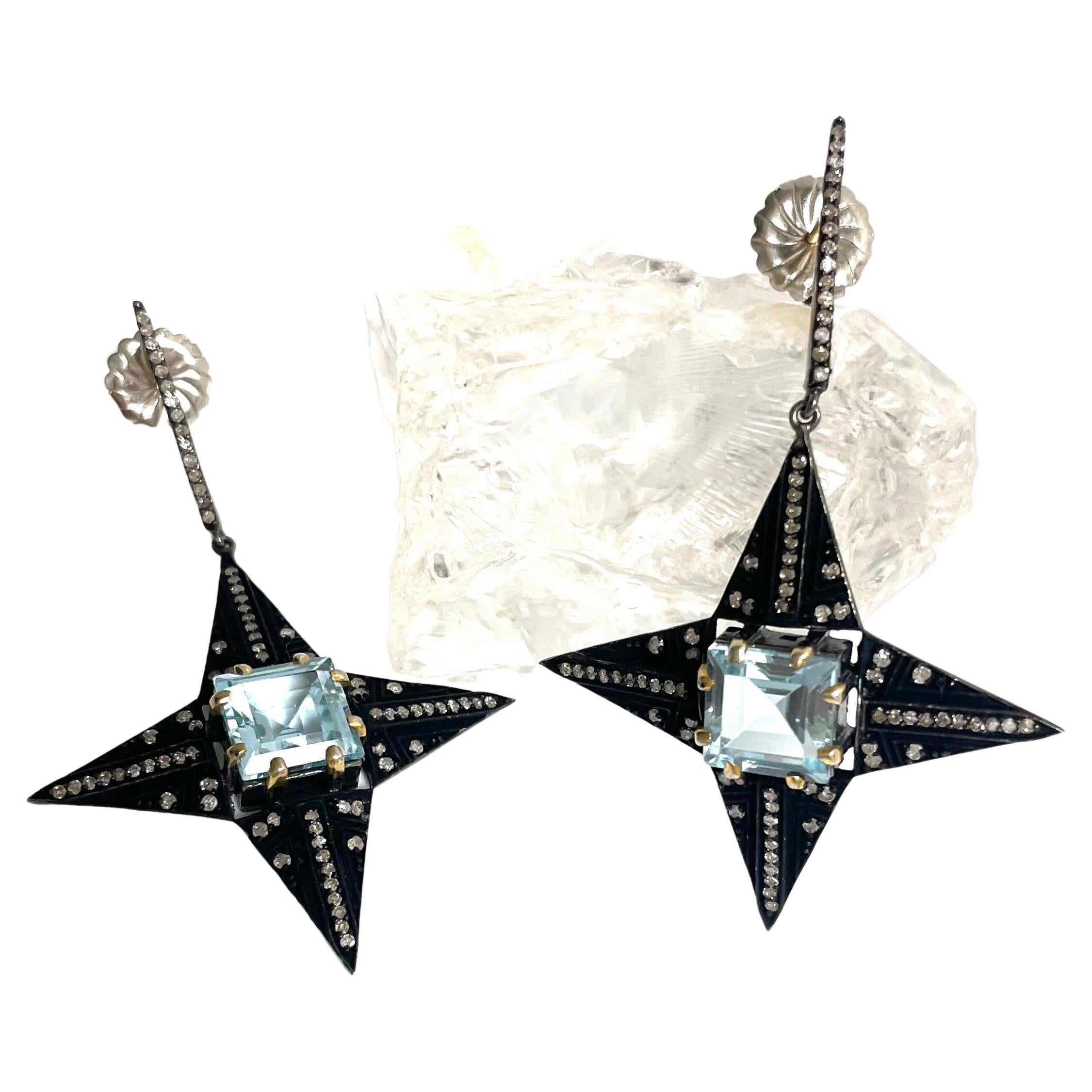 Blue Topaz and Pave Diamonds Four Pointed Star Paradizia Earrings  For Sale 4
