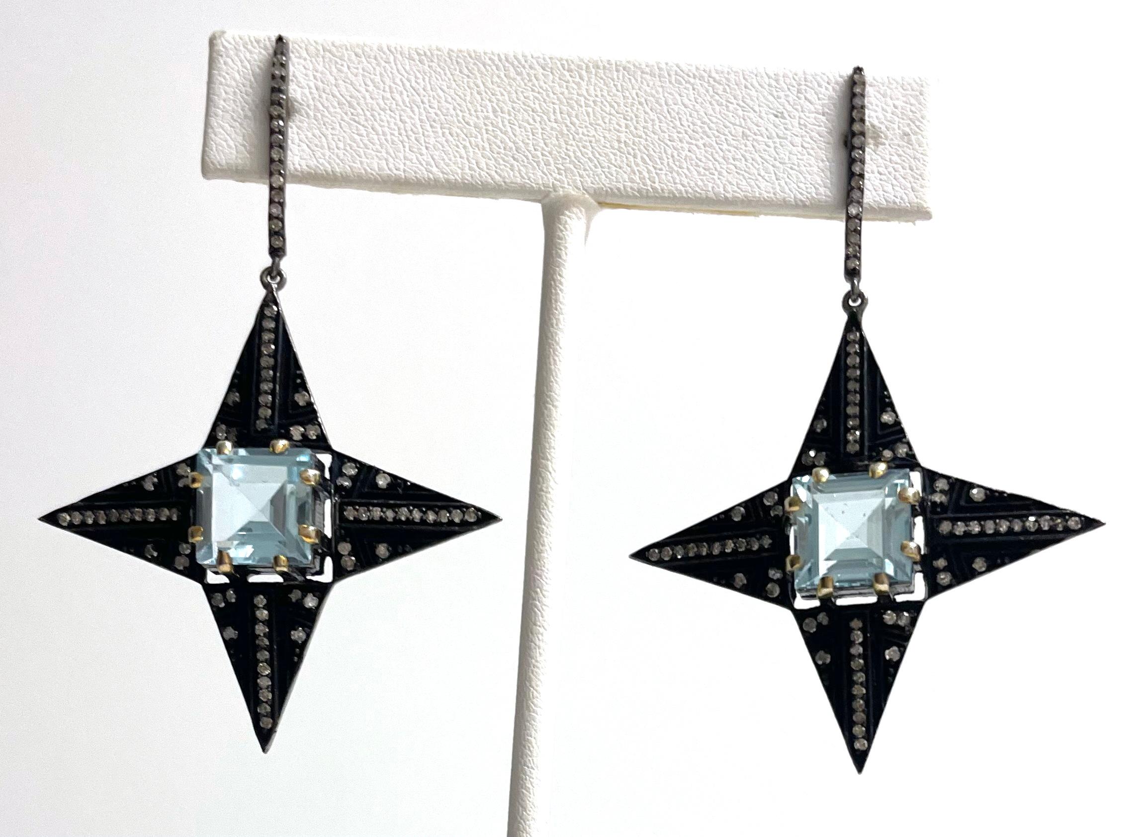 Blue Topaz and Pave Diamonds Four Pointed Star Paradizia Earrings  For Sale 5