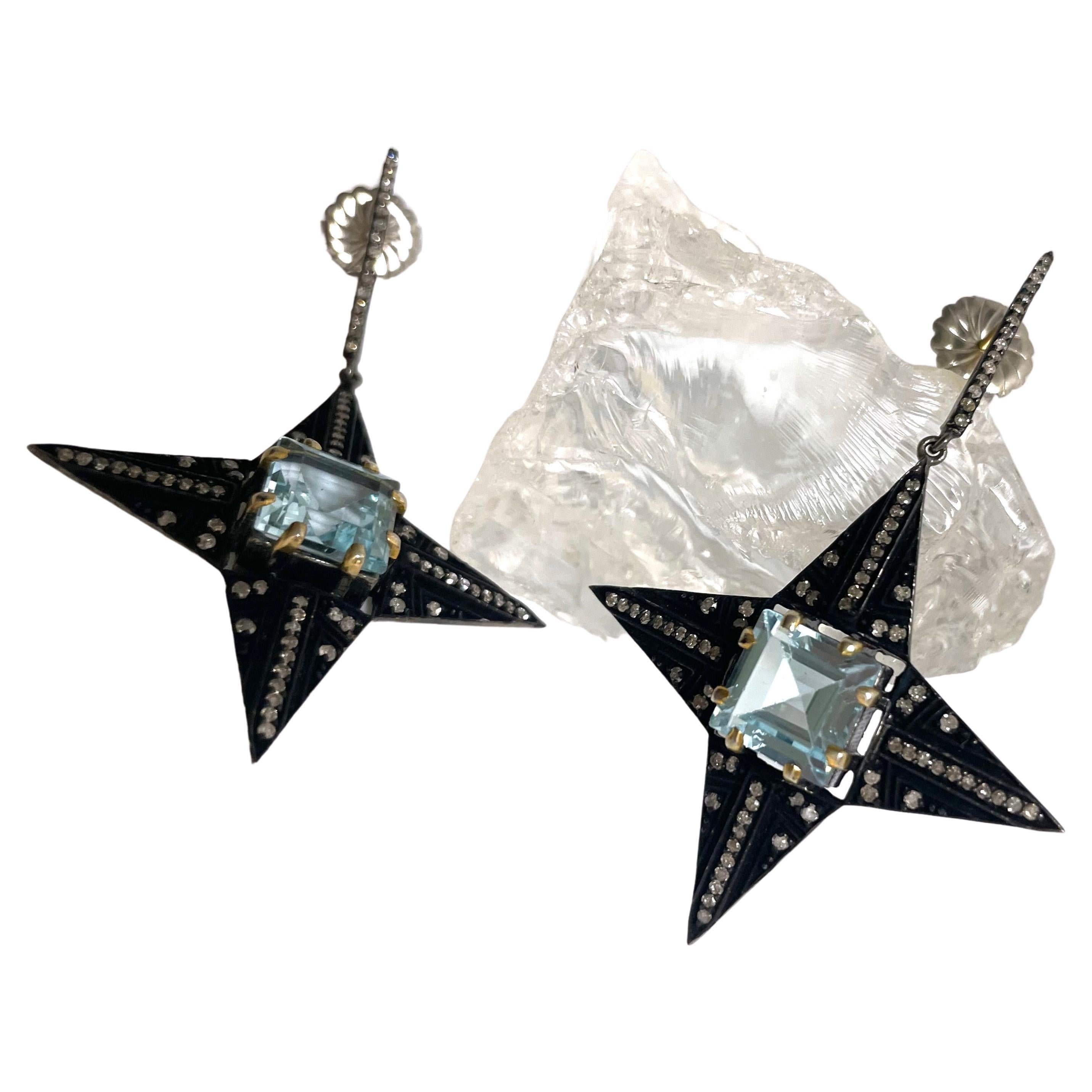 Square Cut Blue Topaz and Pave Diamonds Four Pointed Star Paradizia Earrings  For Sale