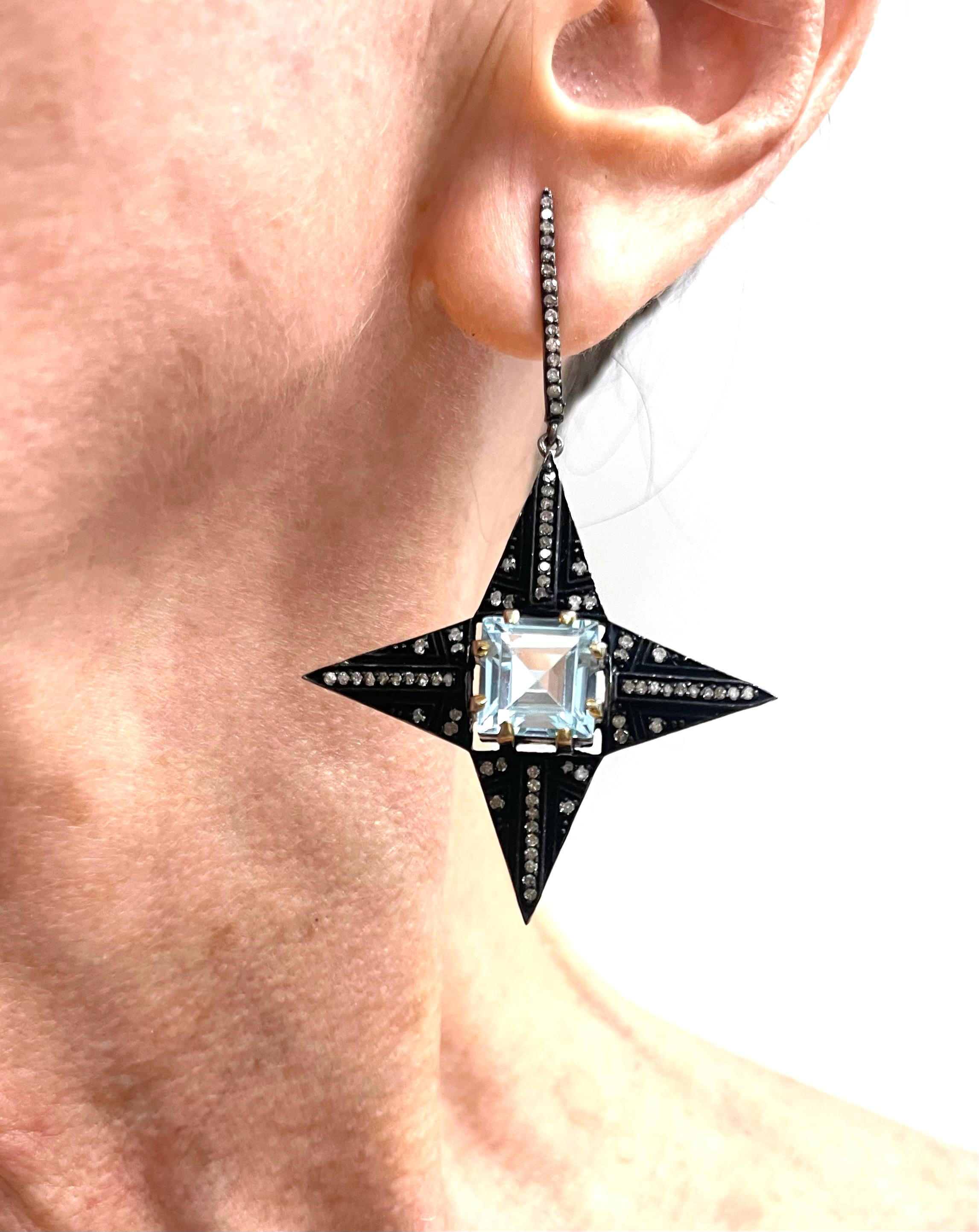 Women's Blue Topaz and Pave Diamonds Four Pointed Star Paradizia Earrings  For Sale