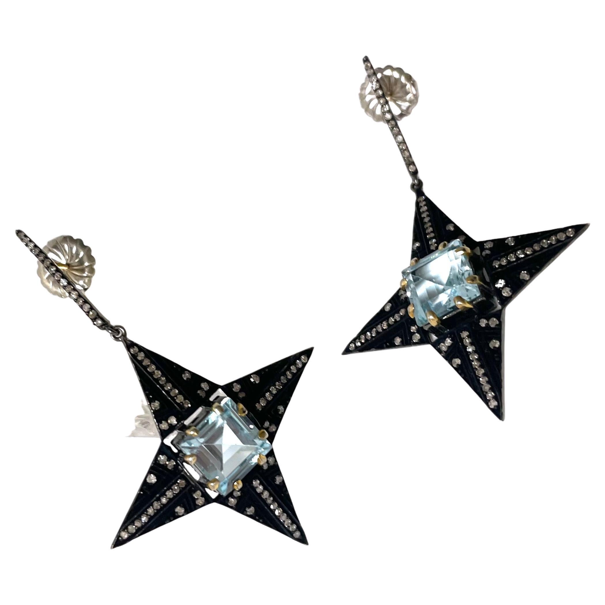 Blue Topaz and Pave Diamonds Four Pointed Star Paradizia Earrings  For Sale 1