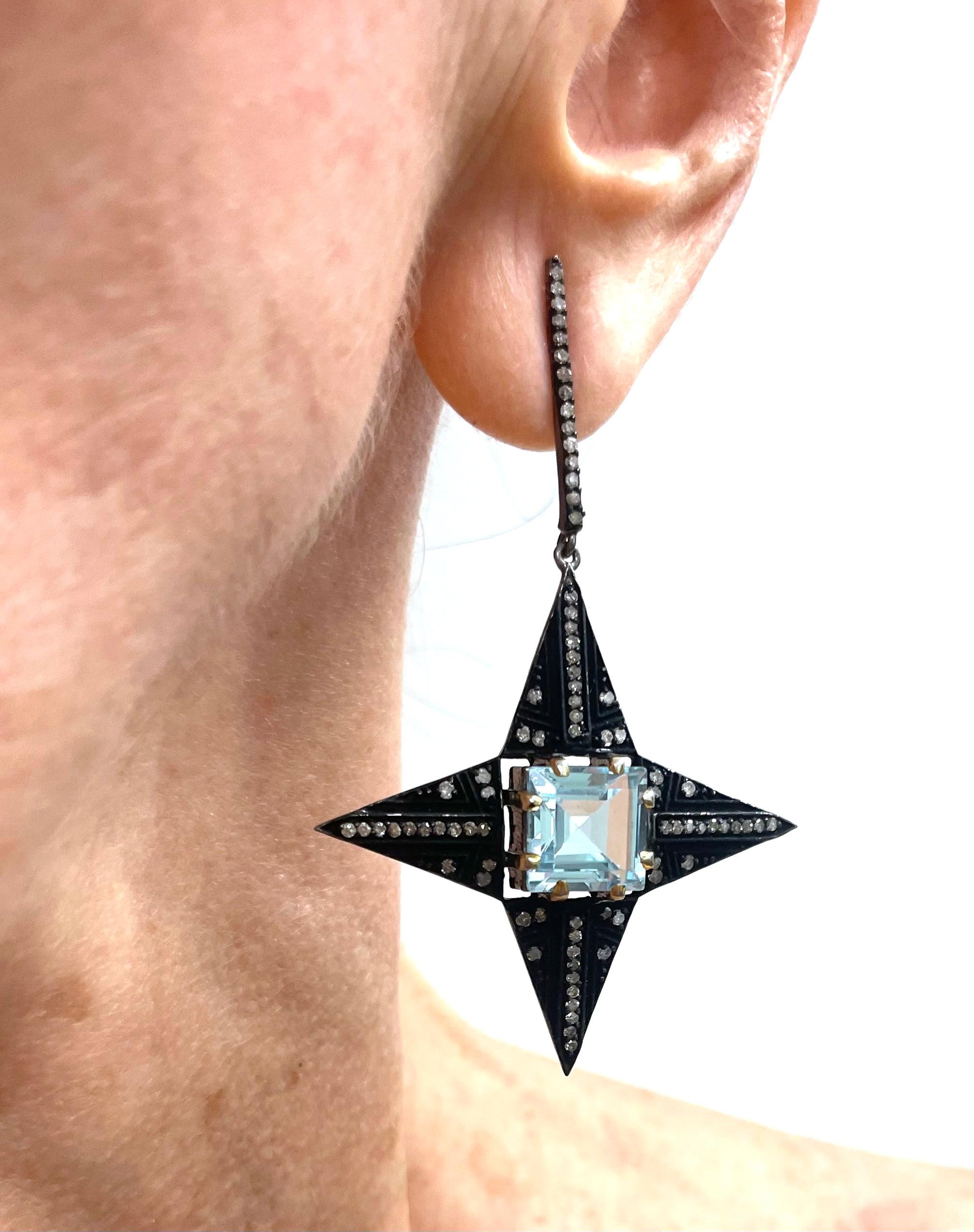 Blue Topaz and Pave Diamonds Four Pointed Star Paradizia Earrings  For Sale 2