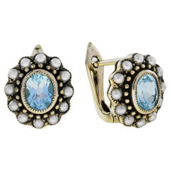 Blue Topaz and Pearl Victorian Style Stud Earrings in 14K Yellow Gold