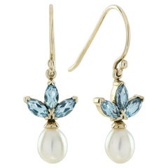 Blue Topaz and Pearl Vintage Style Butterfly Earrings in 9K Yellow Gold