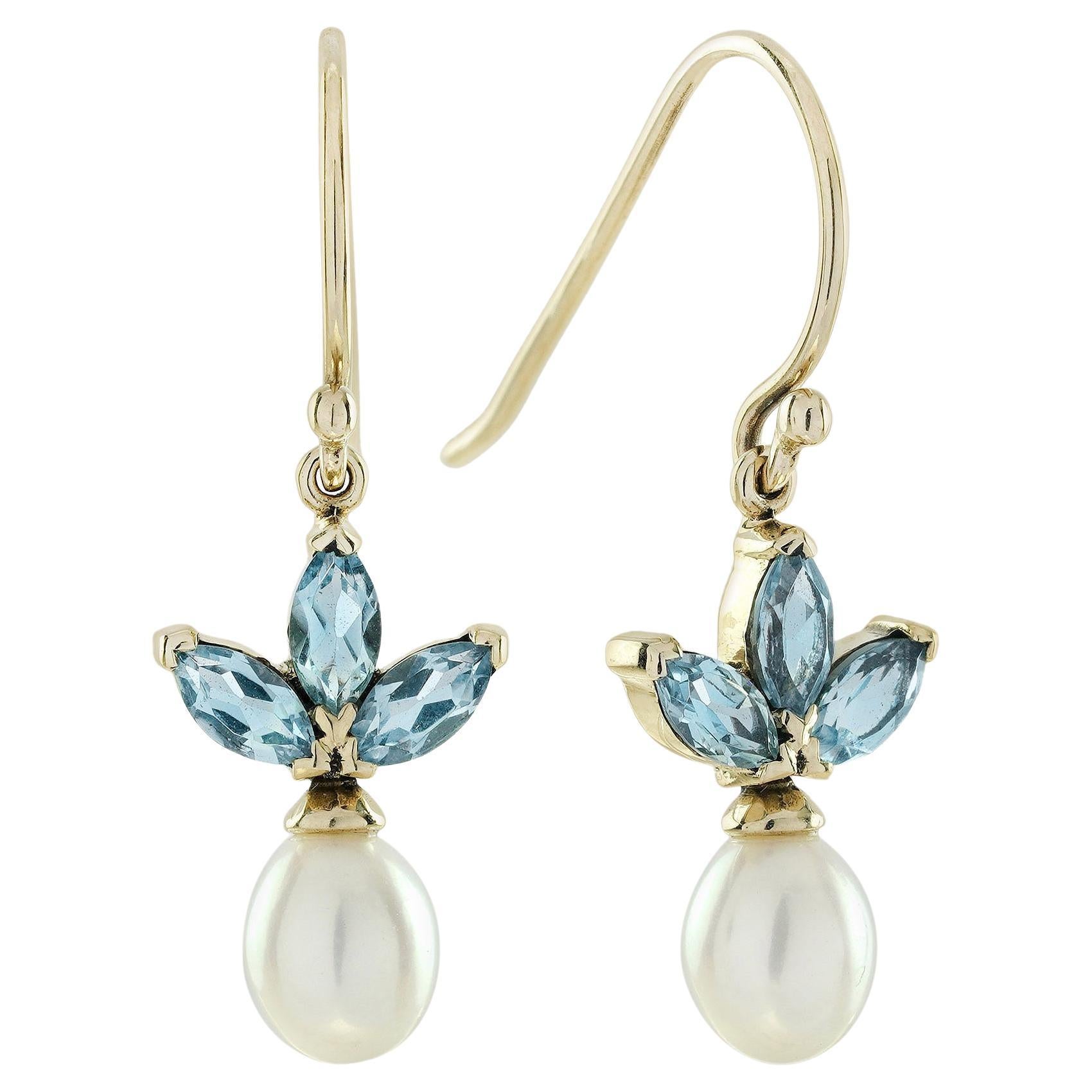 Blue Topaz and Pearl Vintage Style Butterfly Earrings in 9K Yellow Gold