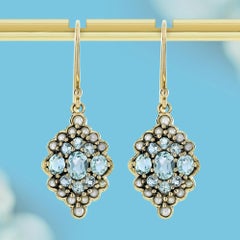 Boucles d'oreilles pendantes en or jaune 9K avec topaze bleue et perle de style vintage