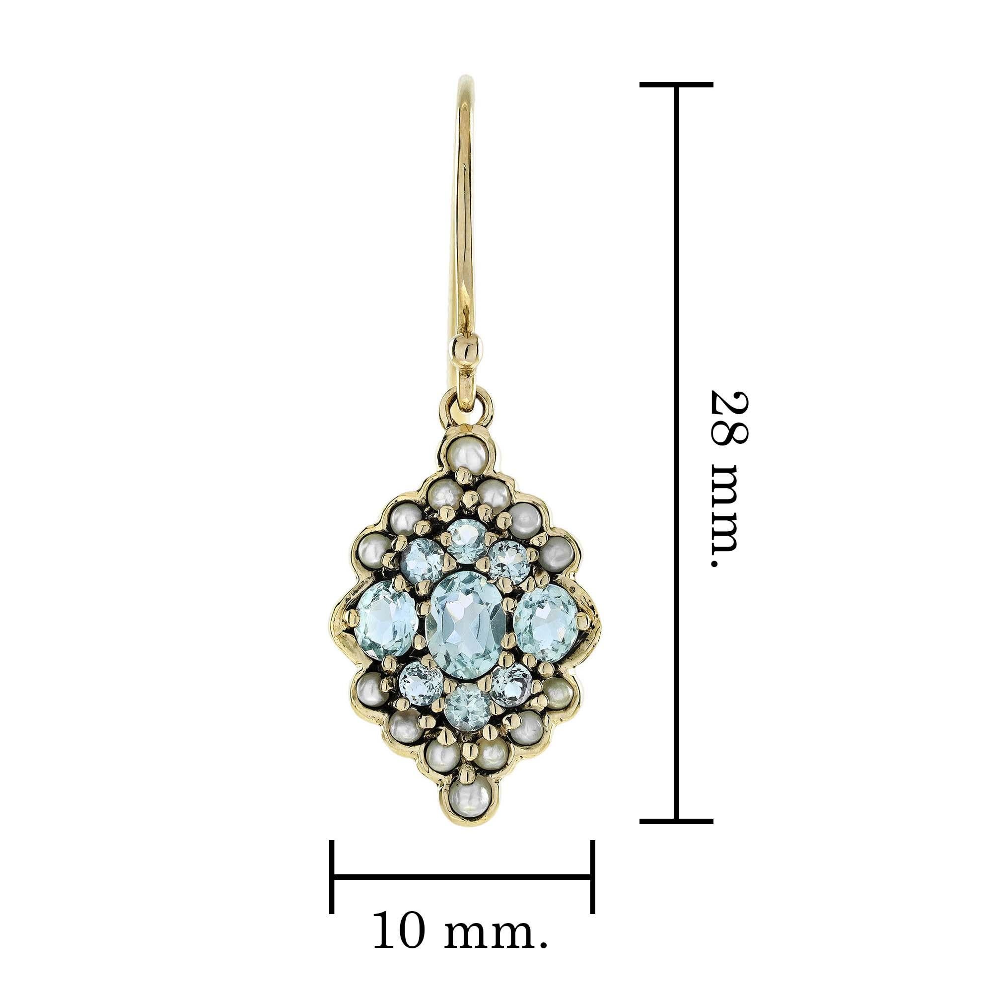 Pendientes Racimo de Topacio Azul y Perla Estilo Vintage en Oro Amarillo de 9 K en Nuevo estado para la venta en Bangkok, TH