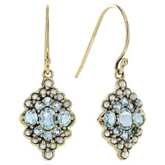 Blue Topaz and Pearl Vintage Style Cluster Drop Earrings in 9K Yellow Gold