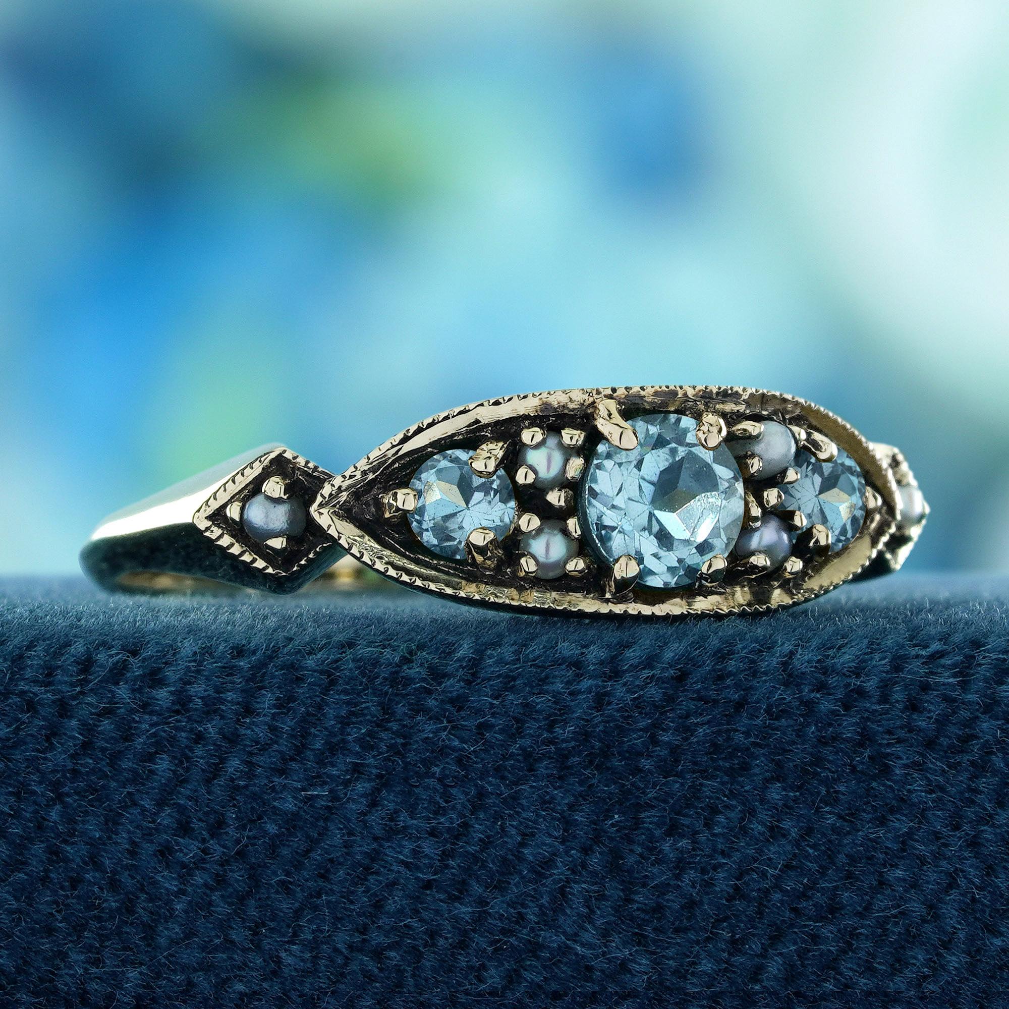 Edoardiano Anello a grappolo in stile vintage con topazio blu e perla in oro giallo massiccio 9 carati in vendita