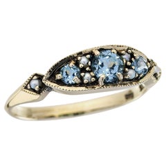 Blauer Topas und Perle Vintage-Cluster-Ring aus massivem 9K Gelbgold
