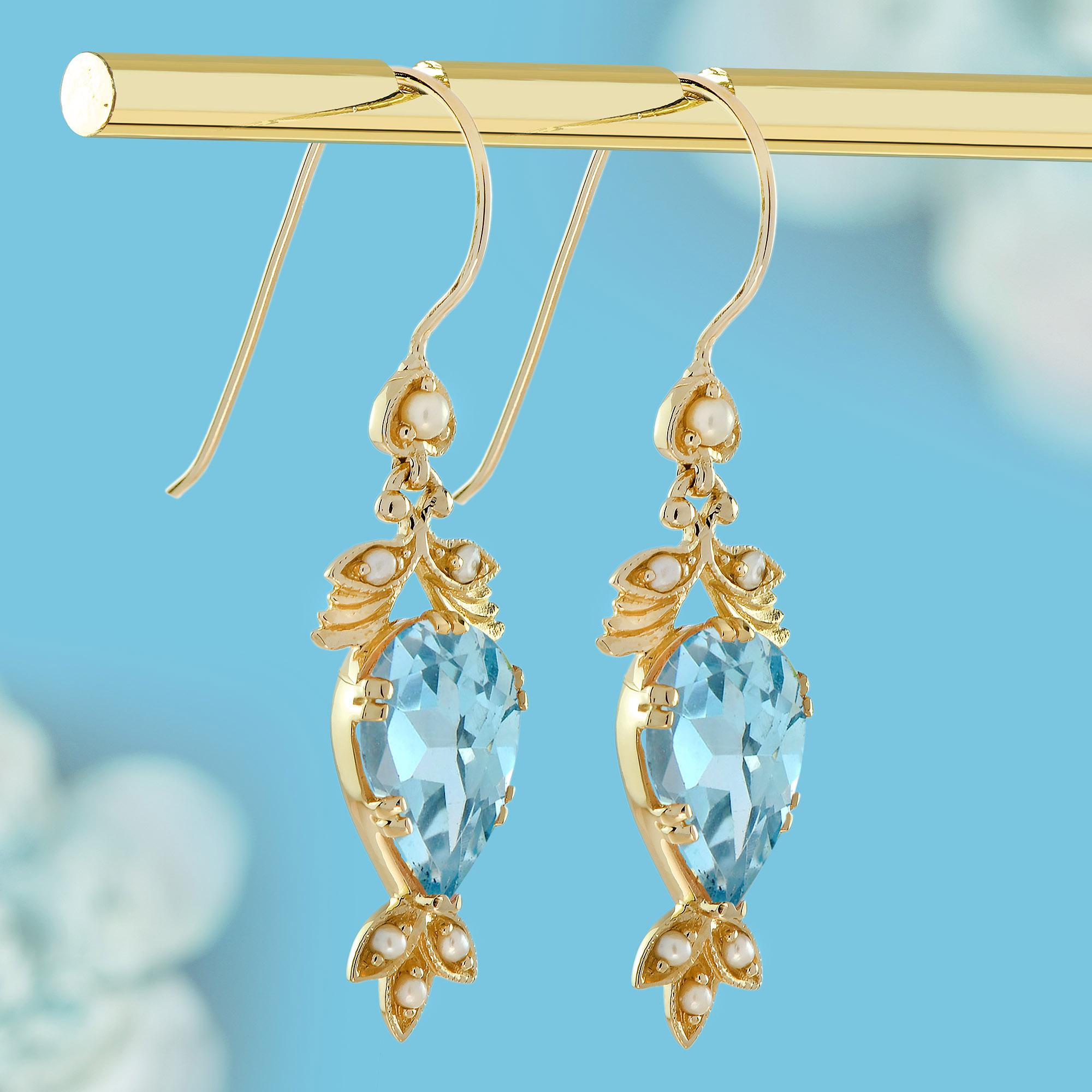Pendientes de gota estilo vintage de topacio azul y perla en oro amarillo de 9 quilates Eduardiano en venta