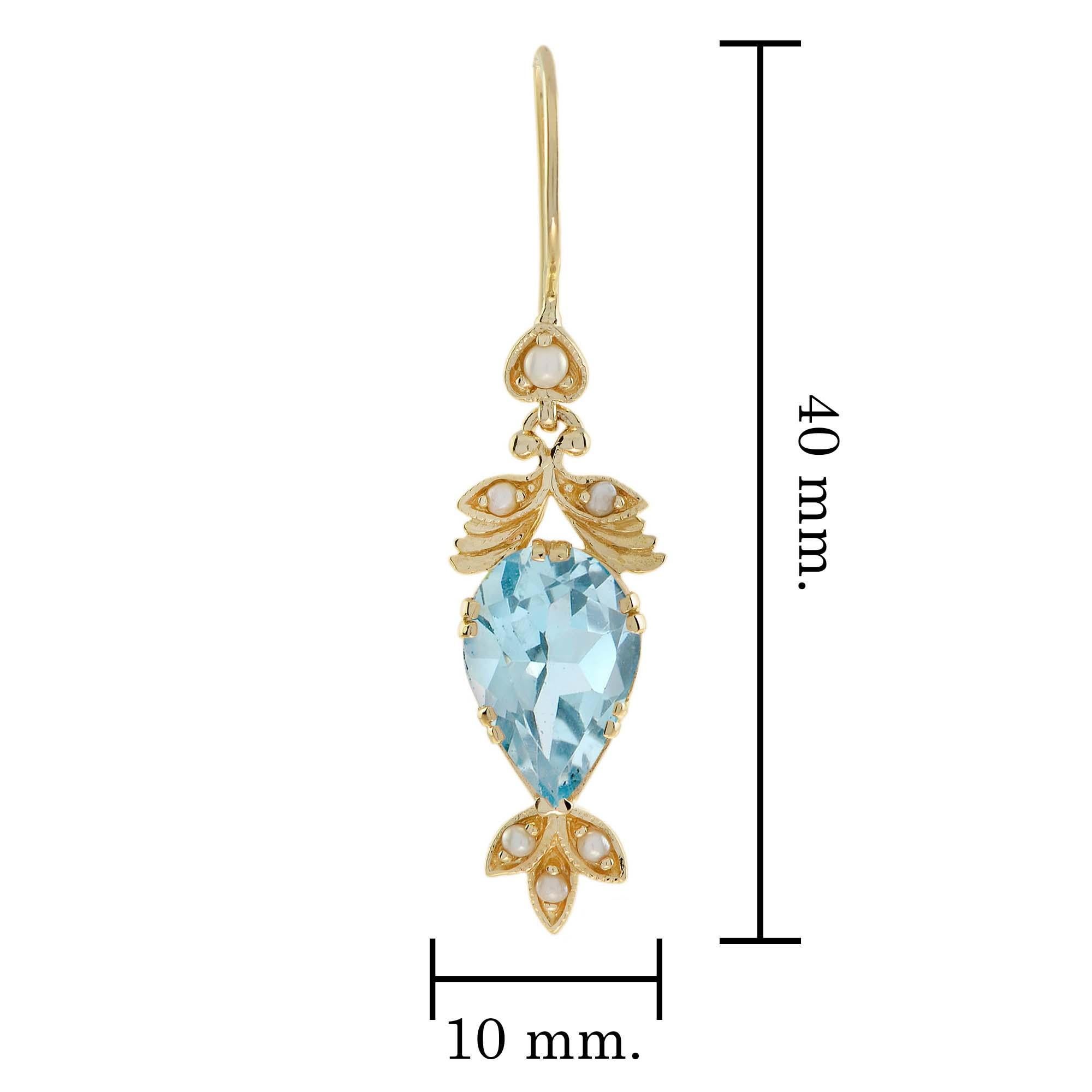 Pendientes de gota estilo vintage de topacio azul y perla en oro amarillo de 9 quilates en Nuevo estado para la venta en Bangkok, TH