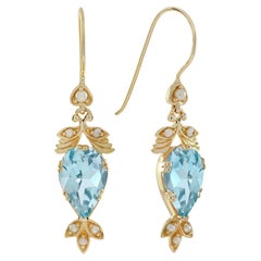 Boucles d'oreilles pendantes en or jaune 9K avec topaze bleue et perle de style vintage