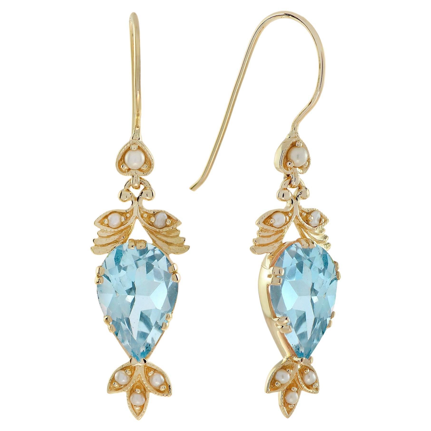 Vintage Style Blue Topaz and Seed Pearl Drop Earrings in 9K Gold