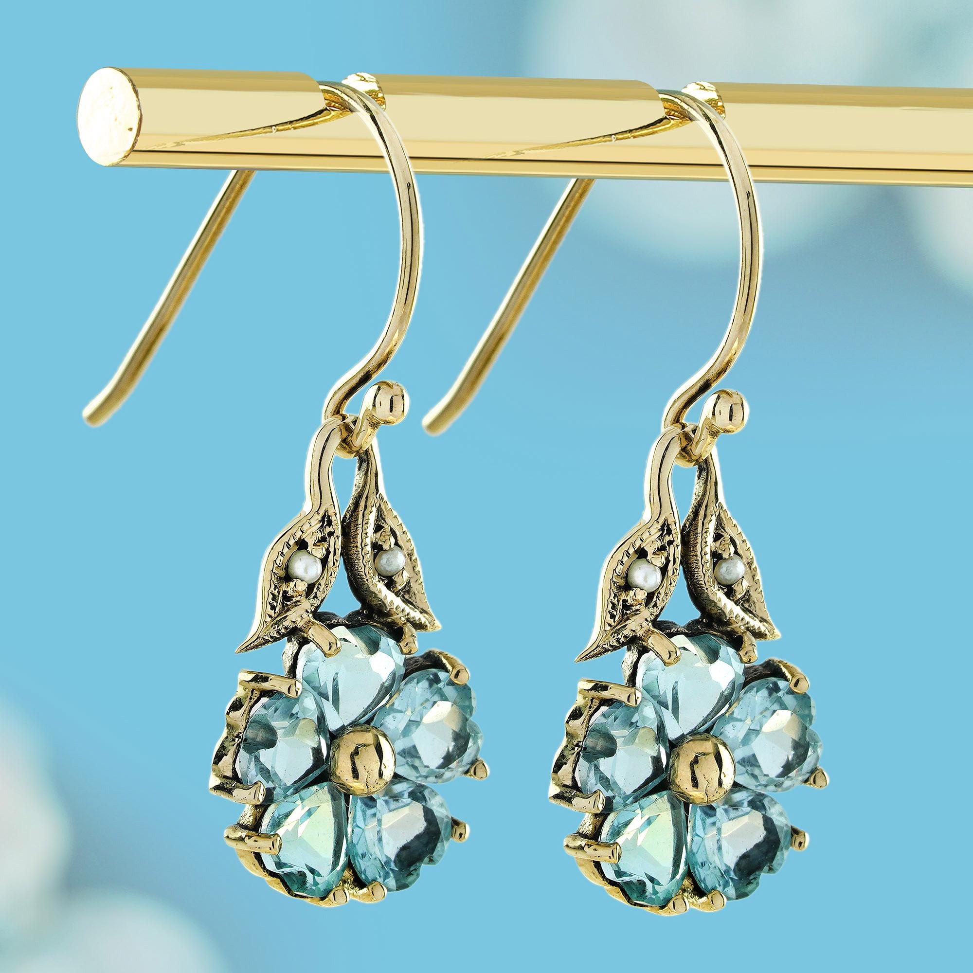 Edwardian Blue Topaz and Pearl Vintage Style Earrings in Solid 9K Yellow Gold For Sale