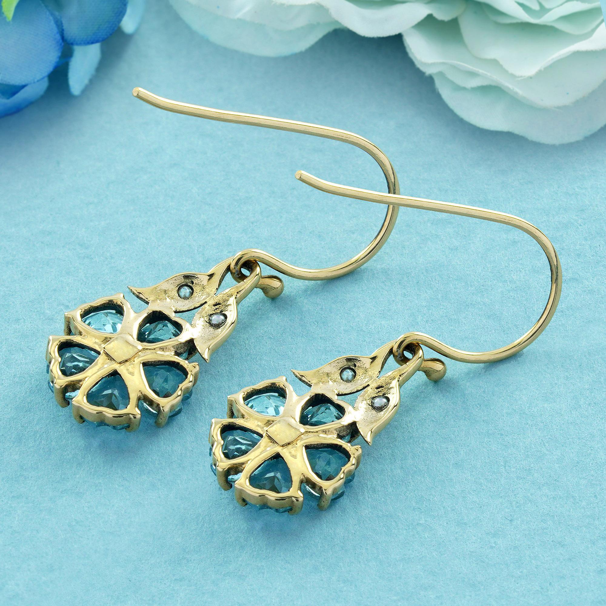 Heart Cut Blue Topaz and Pearl Vintage Style Earrings in Solid 9K Yellow Gold For Sale