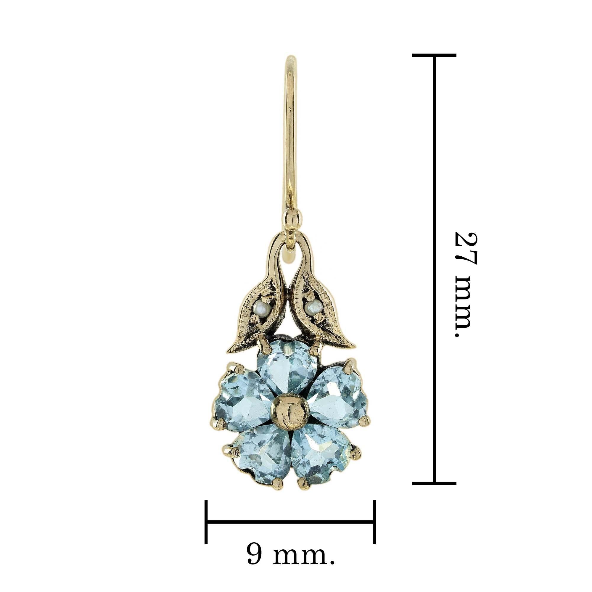 Blue Topaz and Pearl Vintage Style Earrings in Solid 9K Yellow Gold In New Condition For Sale In Bangkok, TH