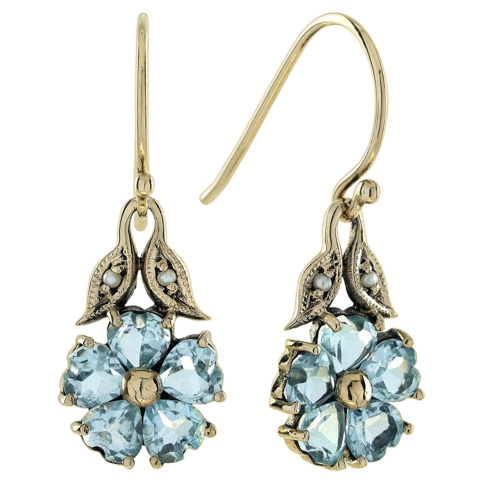Blue Topaz and Pearl Vintage Style Earrings in Solid 9K Yellow Gold For Sale