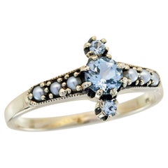 Blue Topaz and Pearl Vintage Style Ring in Solid 9K Yellow Gold