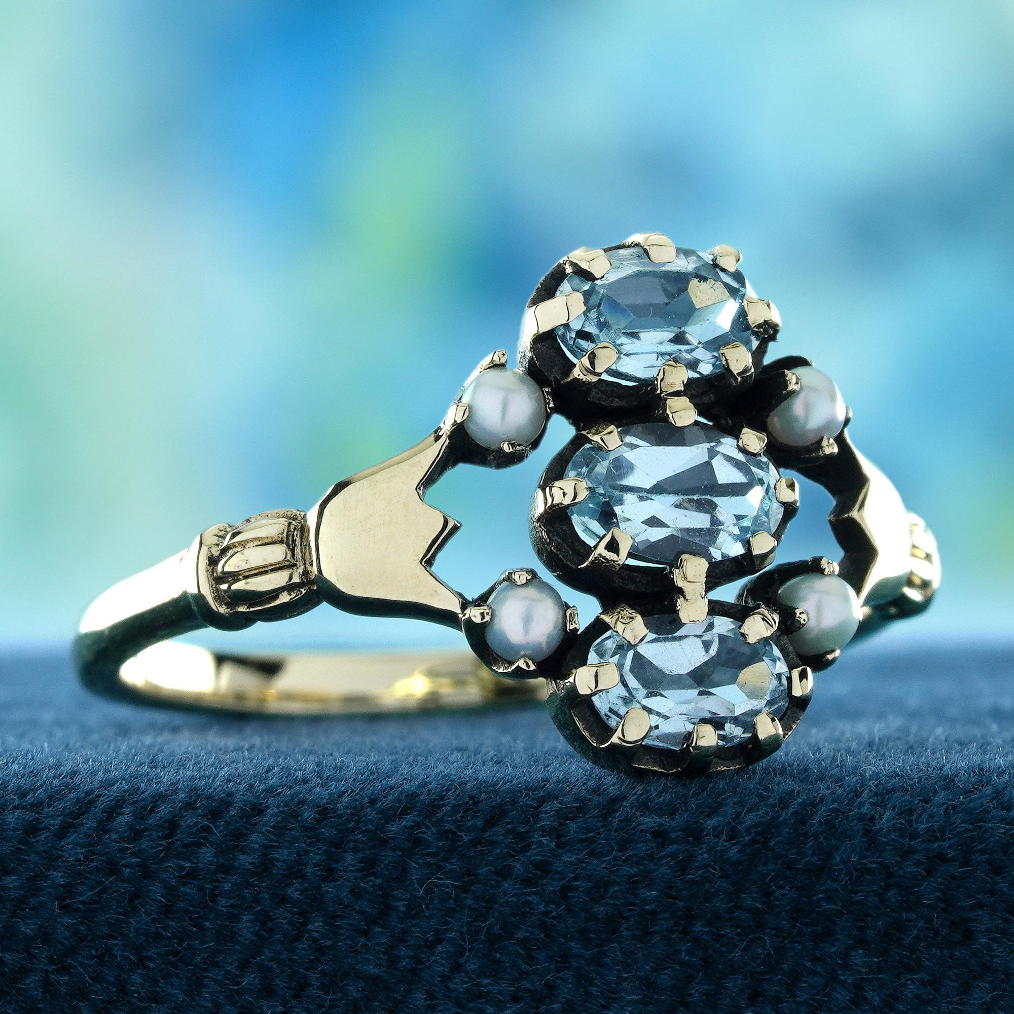 Edwardian Blue Topaz and Pearl Vintage Style Three Stones Ring in Solid 9K Yellow For Sale