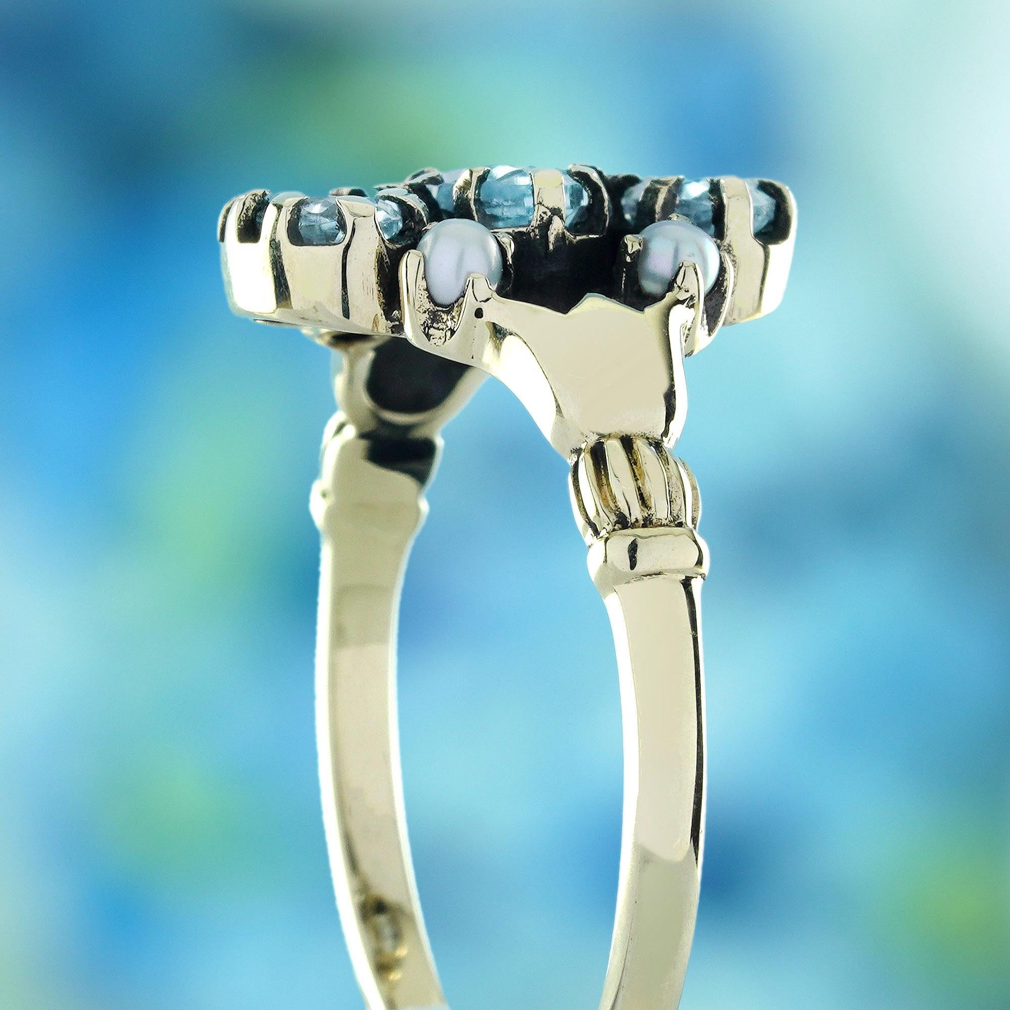 Women's Blue Topaz and Pearl Vintage Style Three Stones Ring in Solid 9K Yellow For Sale