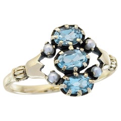 Blue Topaz and Pearl Vintage Style Three Stones Ring in Solid 9K Yellow