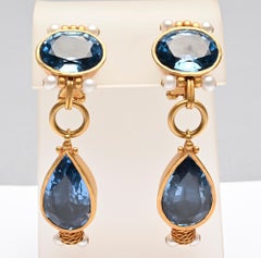 Blue Topaz and Pearls Gold Earrings
