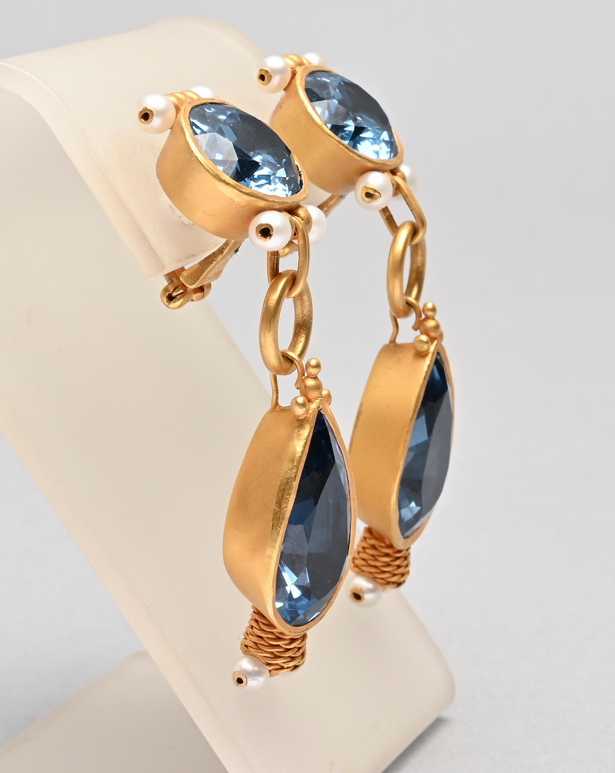 Contemporary Blue Topaz and Pearls Gold Earrings For Sale