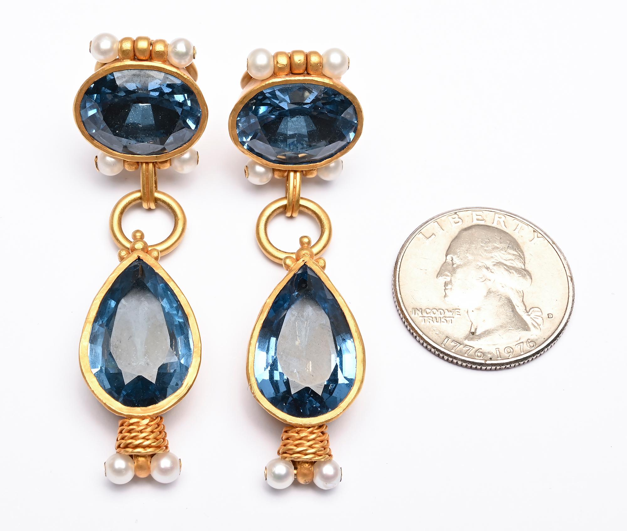 Cushion Cut Blue Topaz and Pearls Gold Earrings For Sale